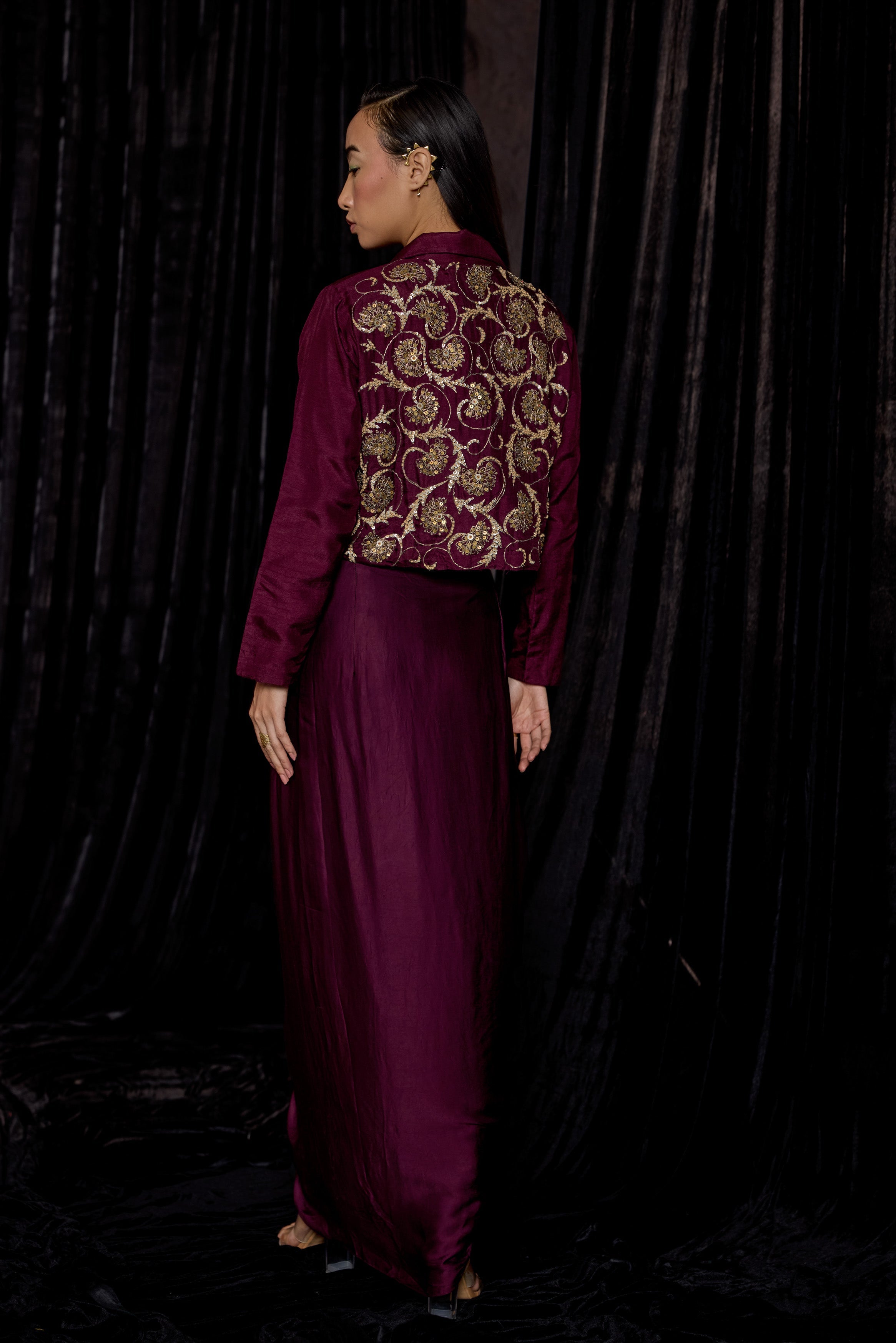 Wine Embellished Raw Silk Skirt Set