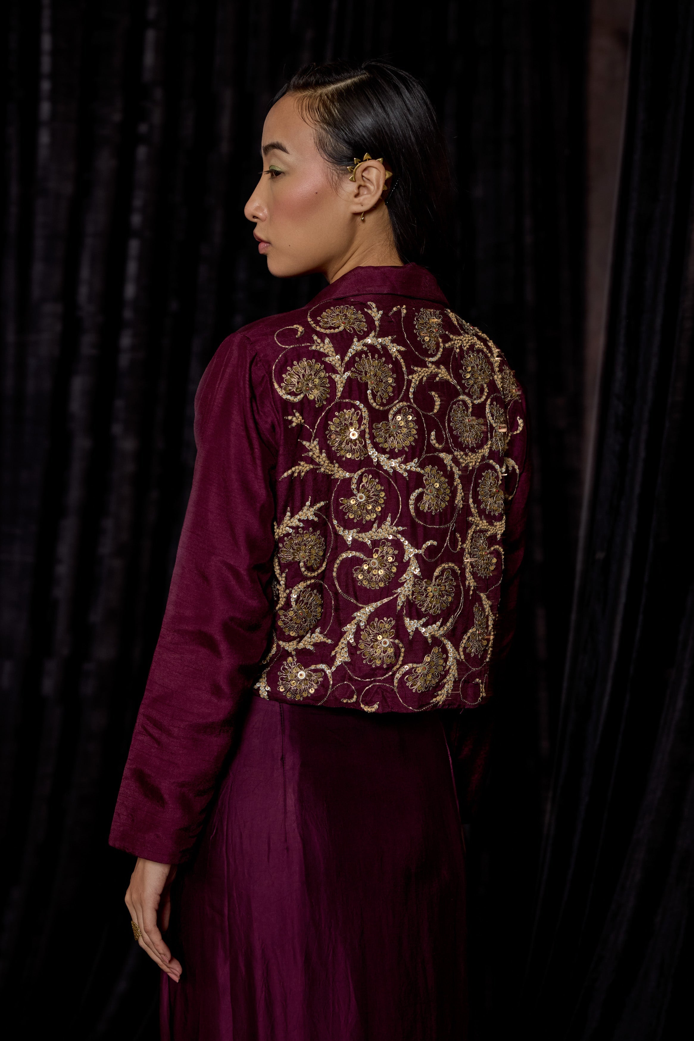 Wine Embellished Raw Silk Skirt Set