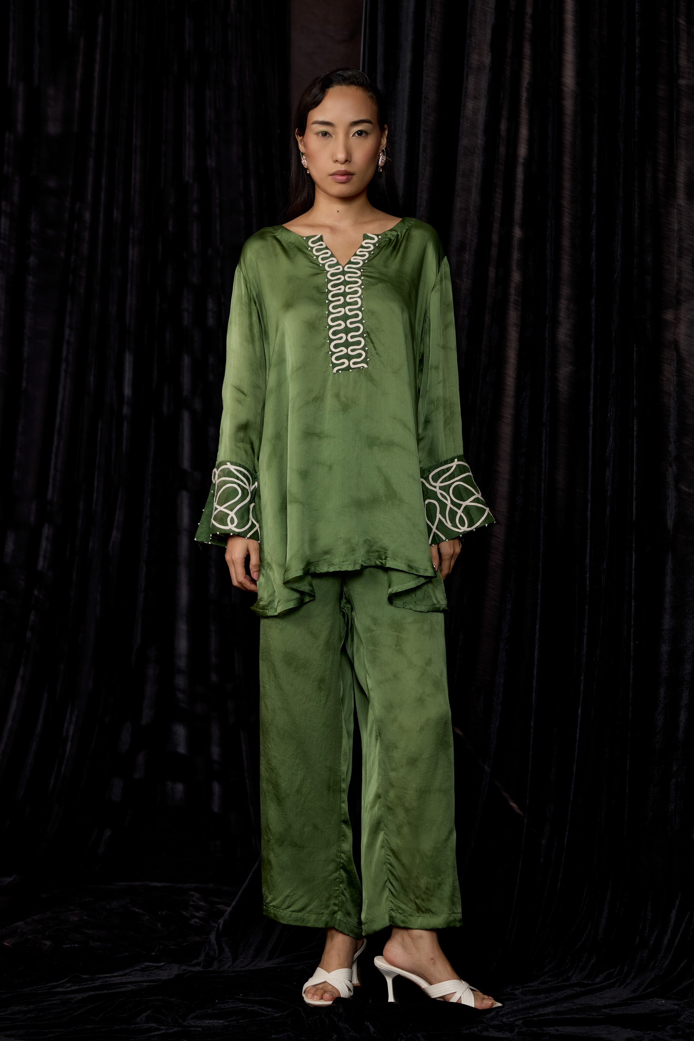 Olive Green Embroidered Premium Silk Co-Ord Set