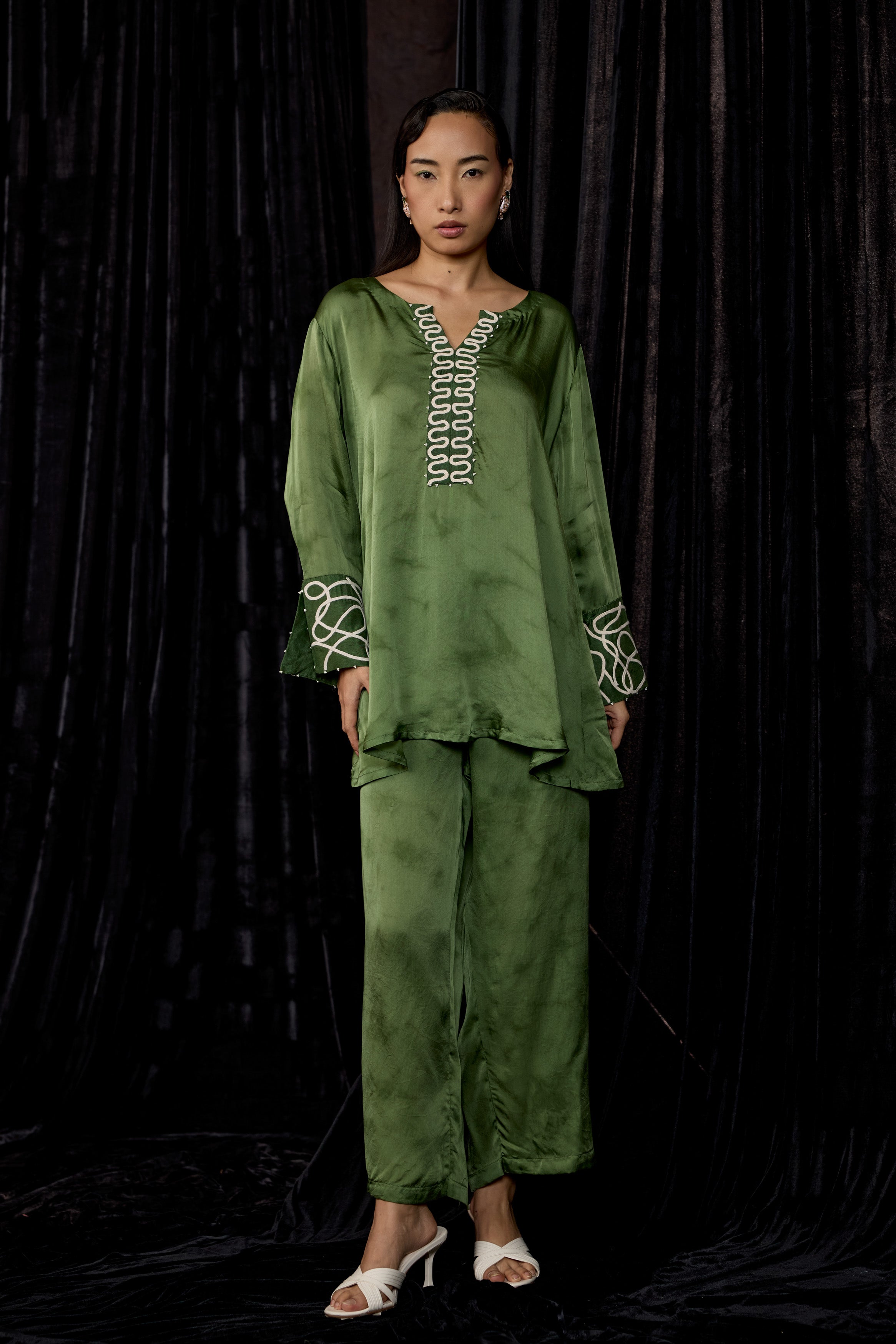 Olive Green Embroidered Premium Silk Co-Ord Set