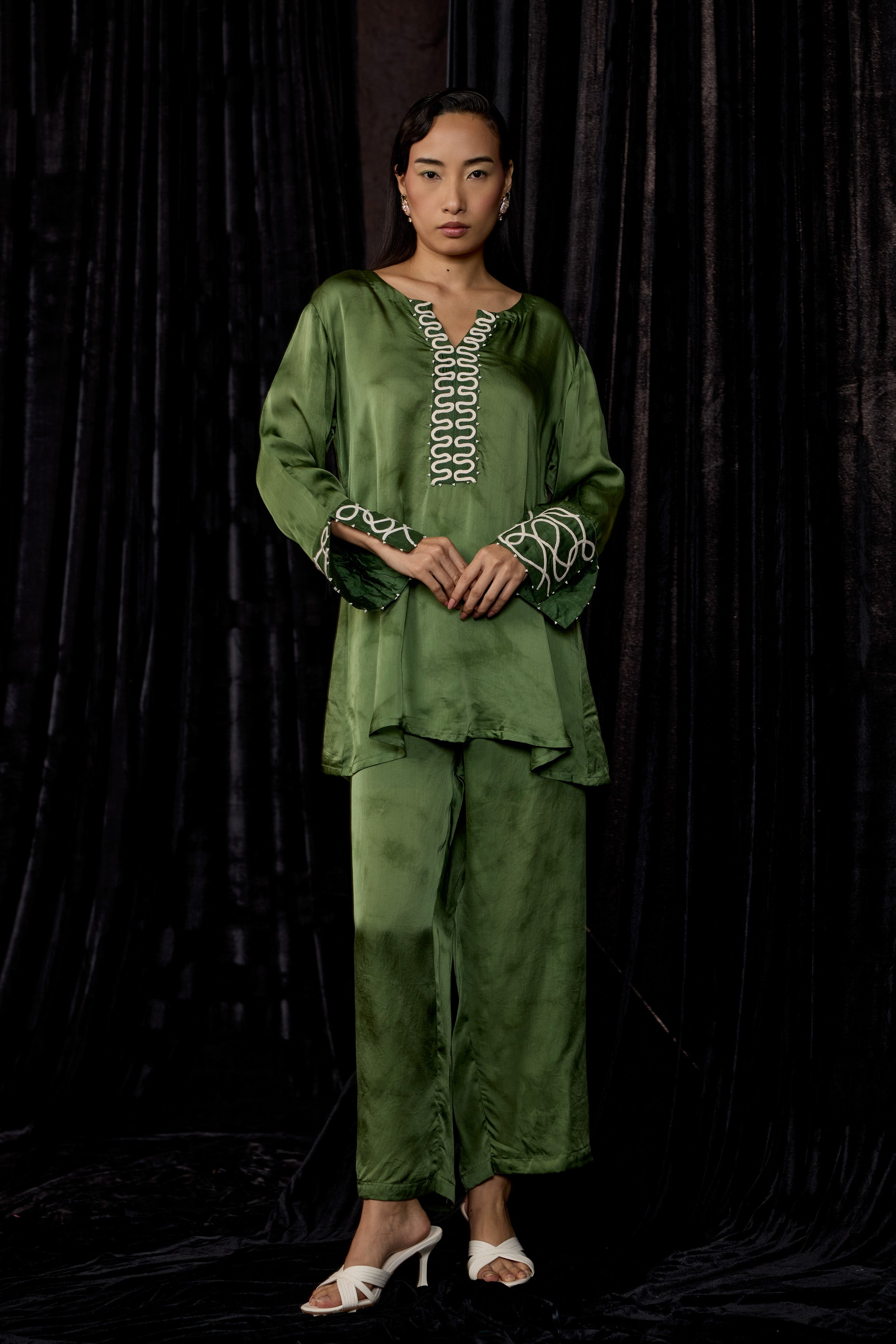 Olive Green Embroidered Premium Silk Co-Ord Set