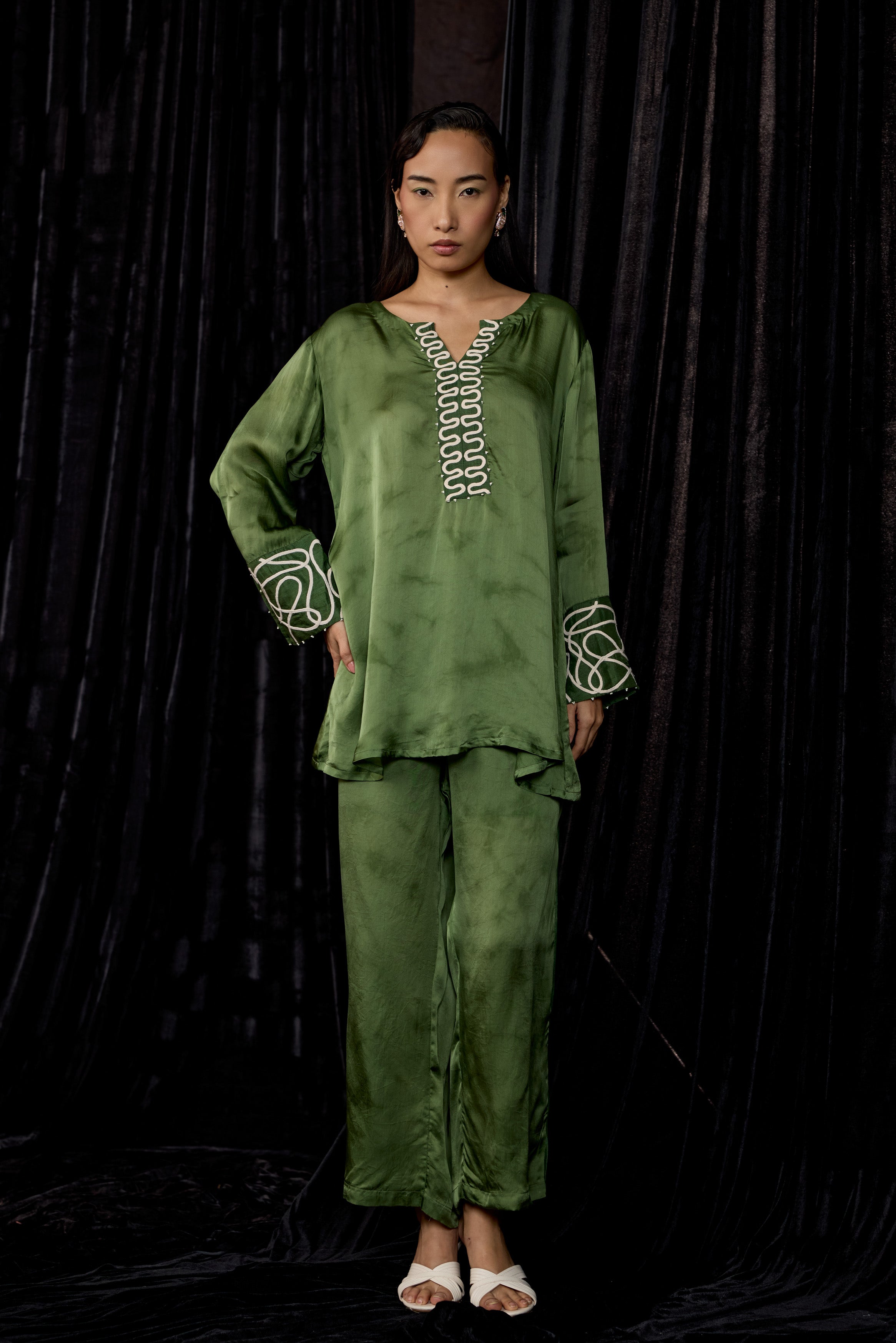 Olive Green Embroidered Premium Silk Co-Ord Set