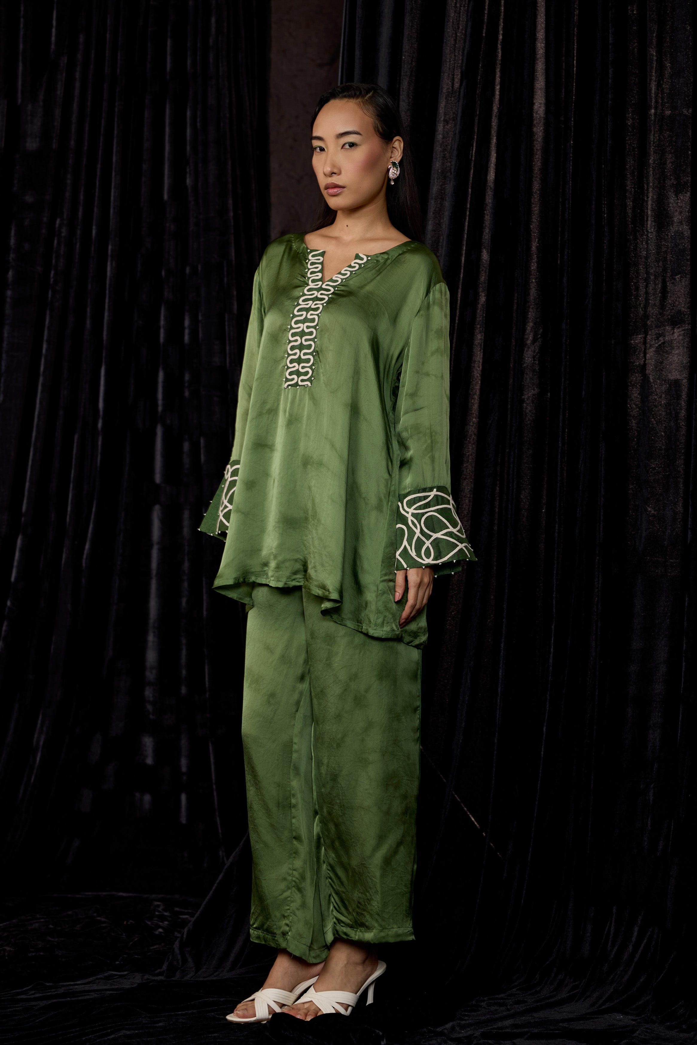 Olive Green Embroidered Premium Silk Co-Ord Set
