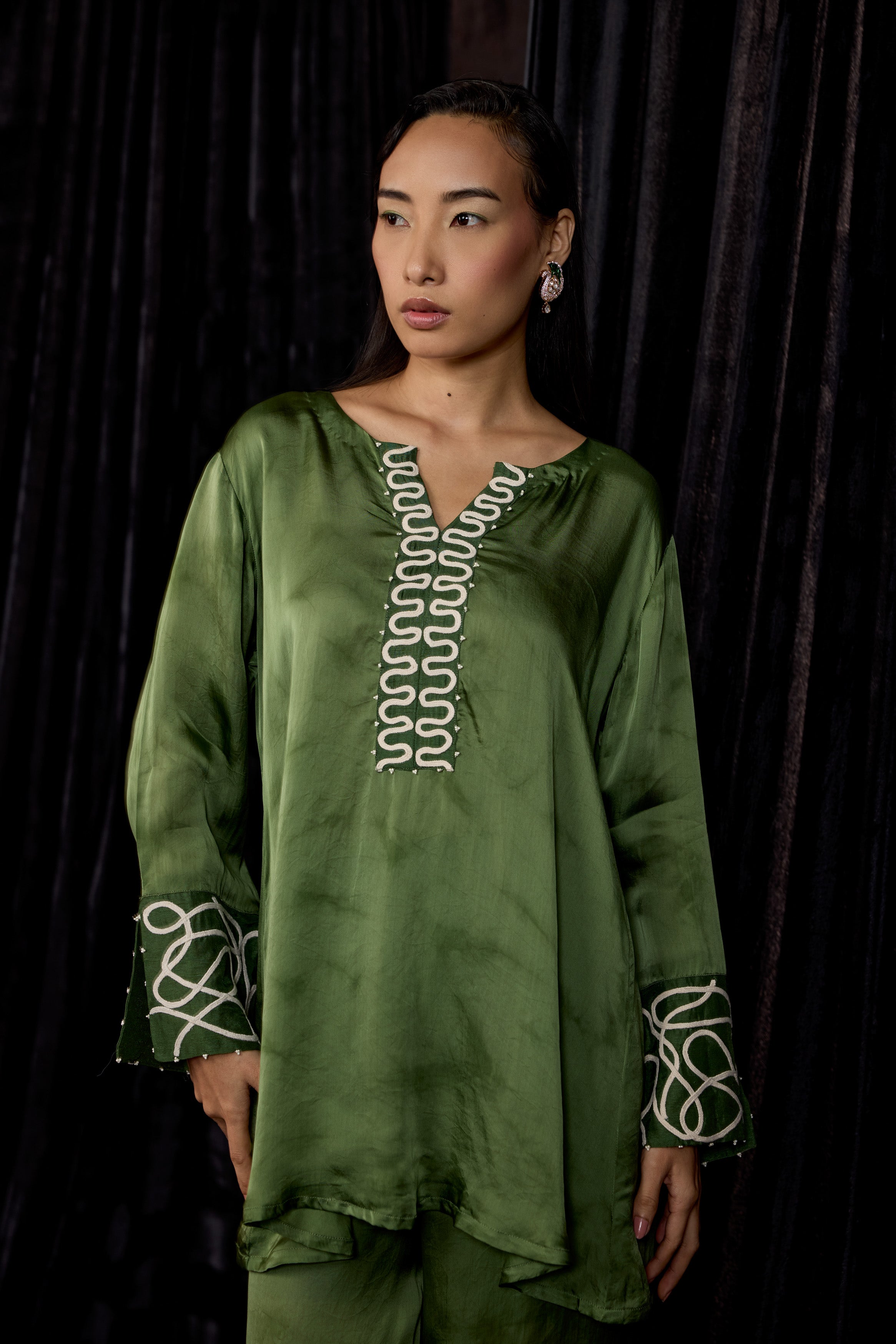 Olive Green Embroidered Premium Silk Co-Ord Set