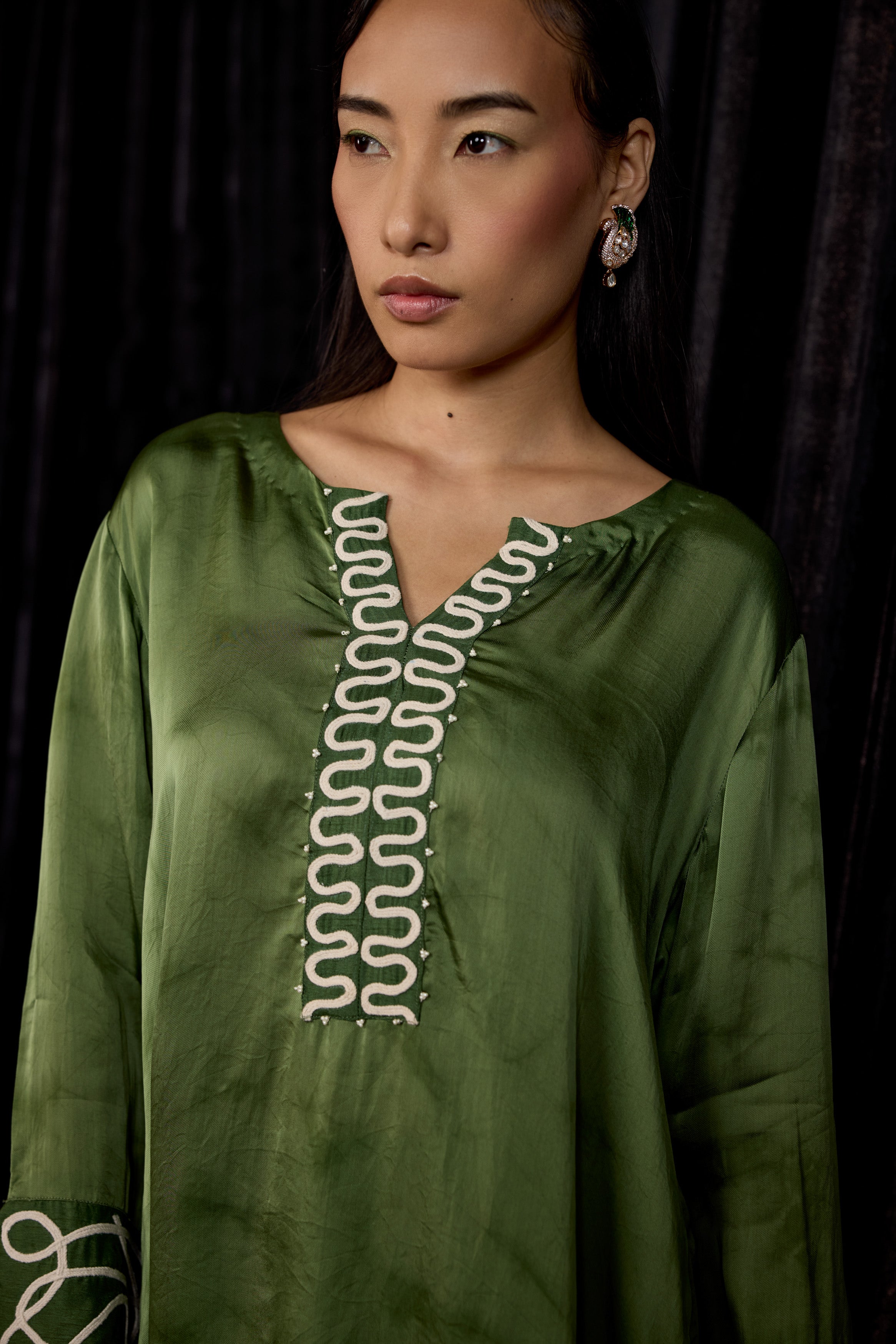 Olive Green Embroidered Premium Silk Co-Ord Set