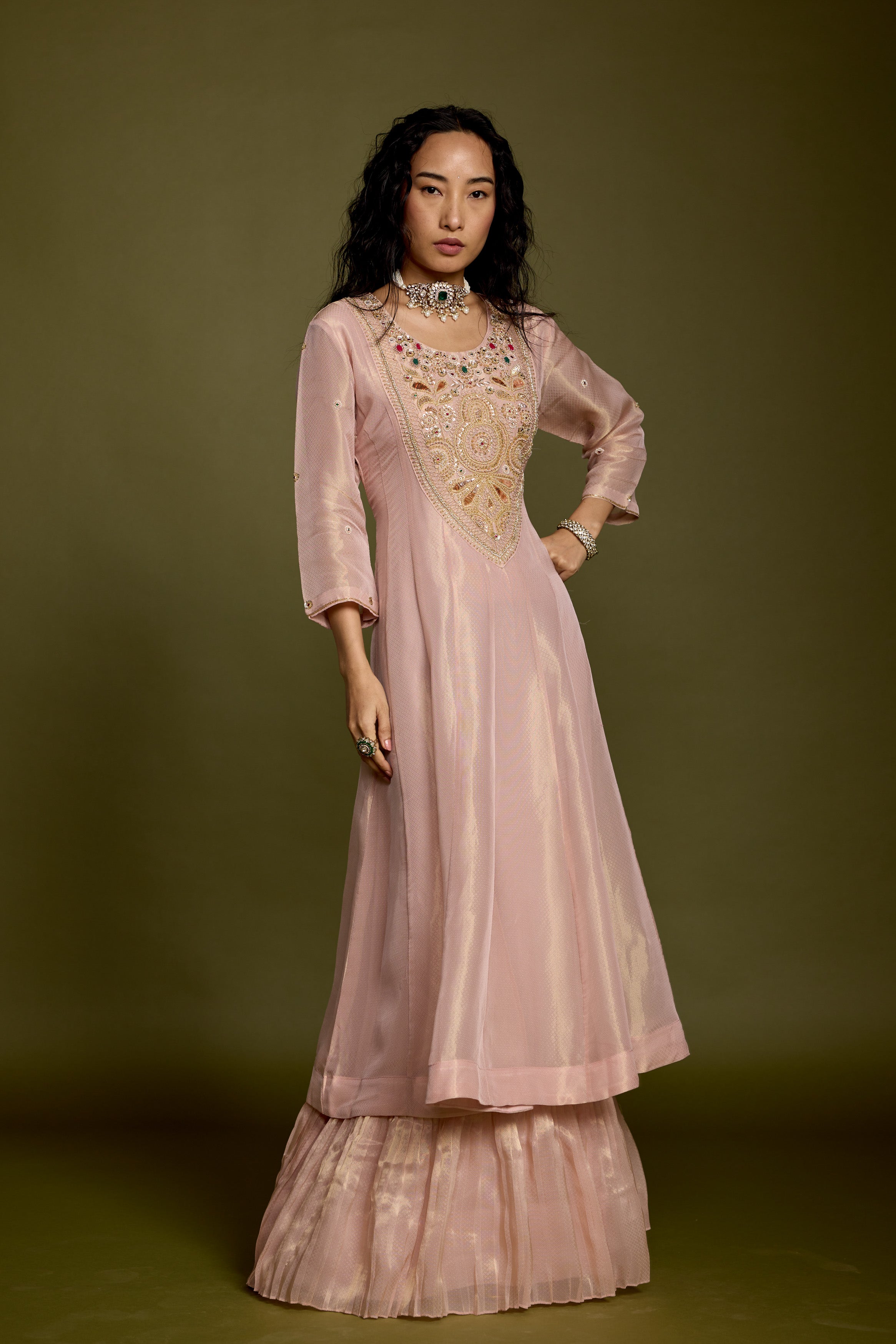 Rose Gold Embellished Shimmer Organza Silk Anarkali Set