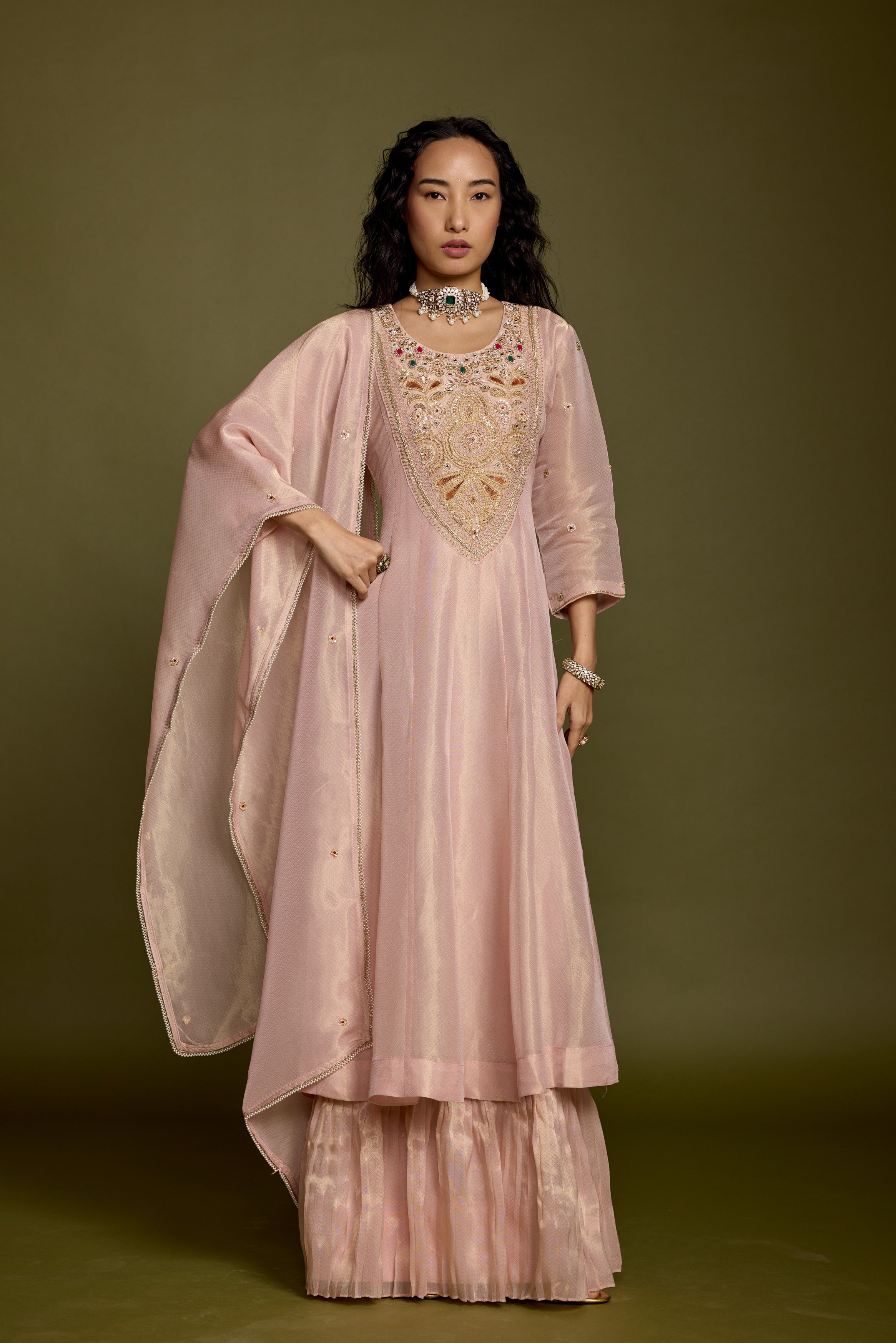Rose Gold Embellished Shimmer Organza Silk Anarkali Set