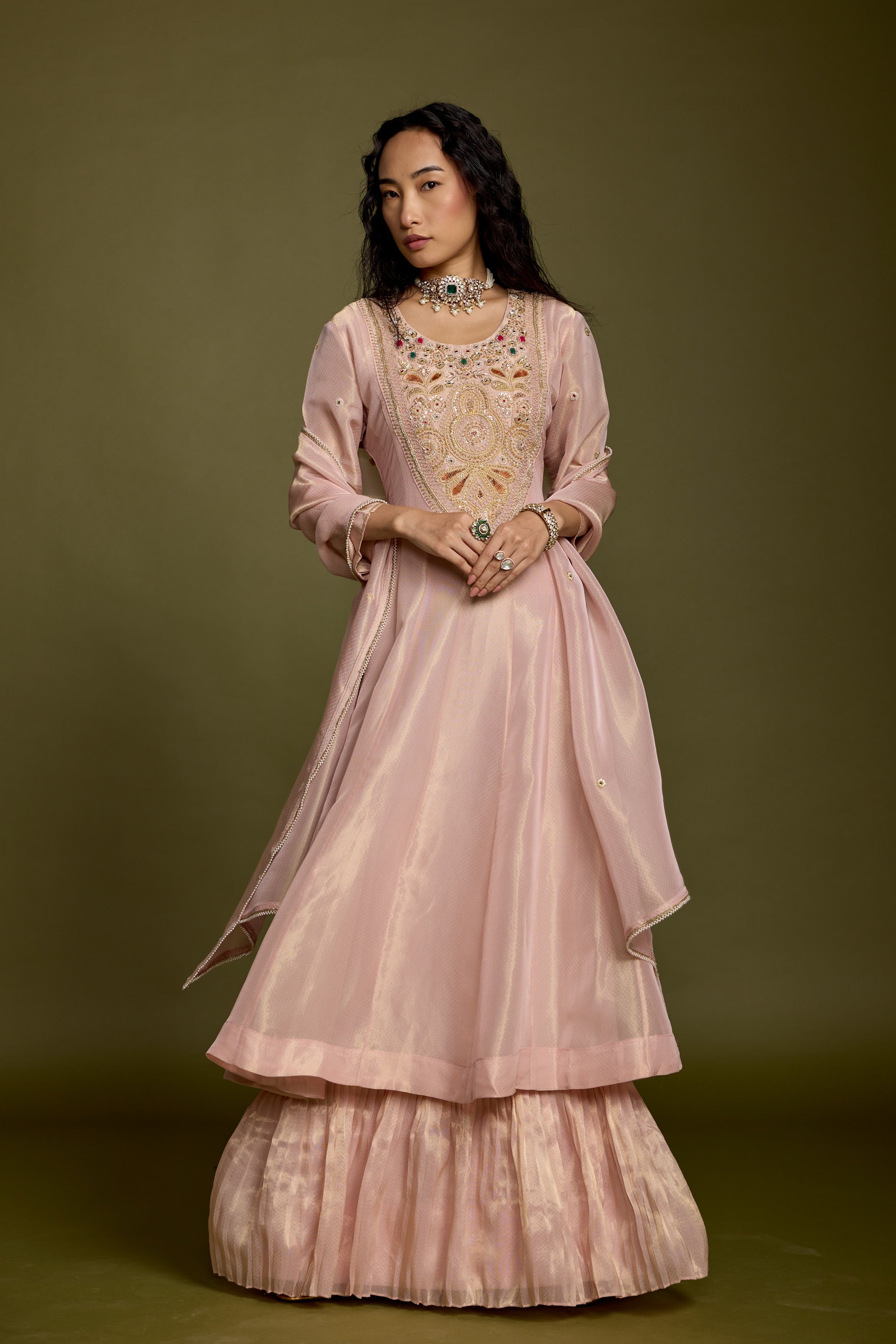 Rose Gold Embellished Shimmer Organza Silk Anarkali Set