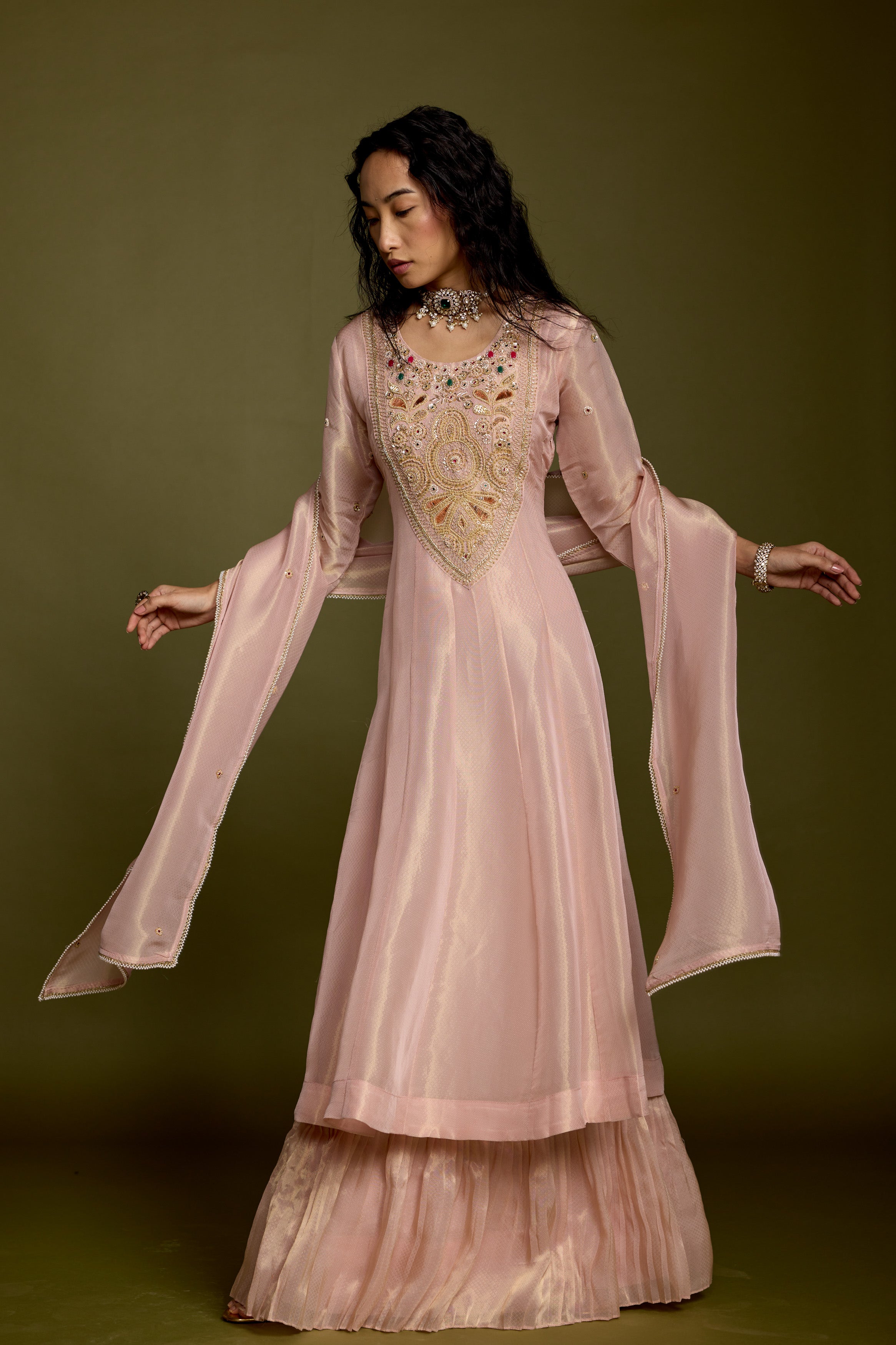 Rose Gold Embellished Shimmer Organza Silk Anarkali Set