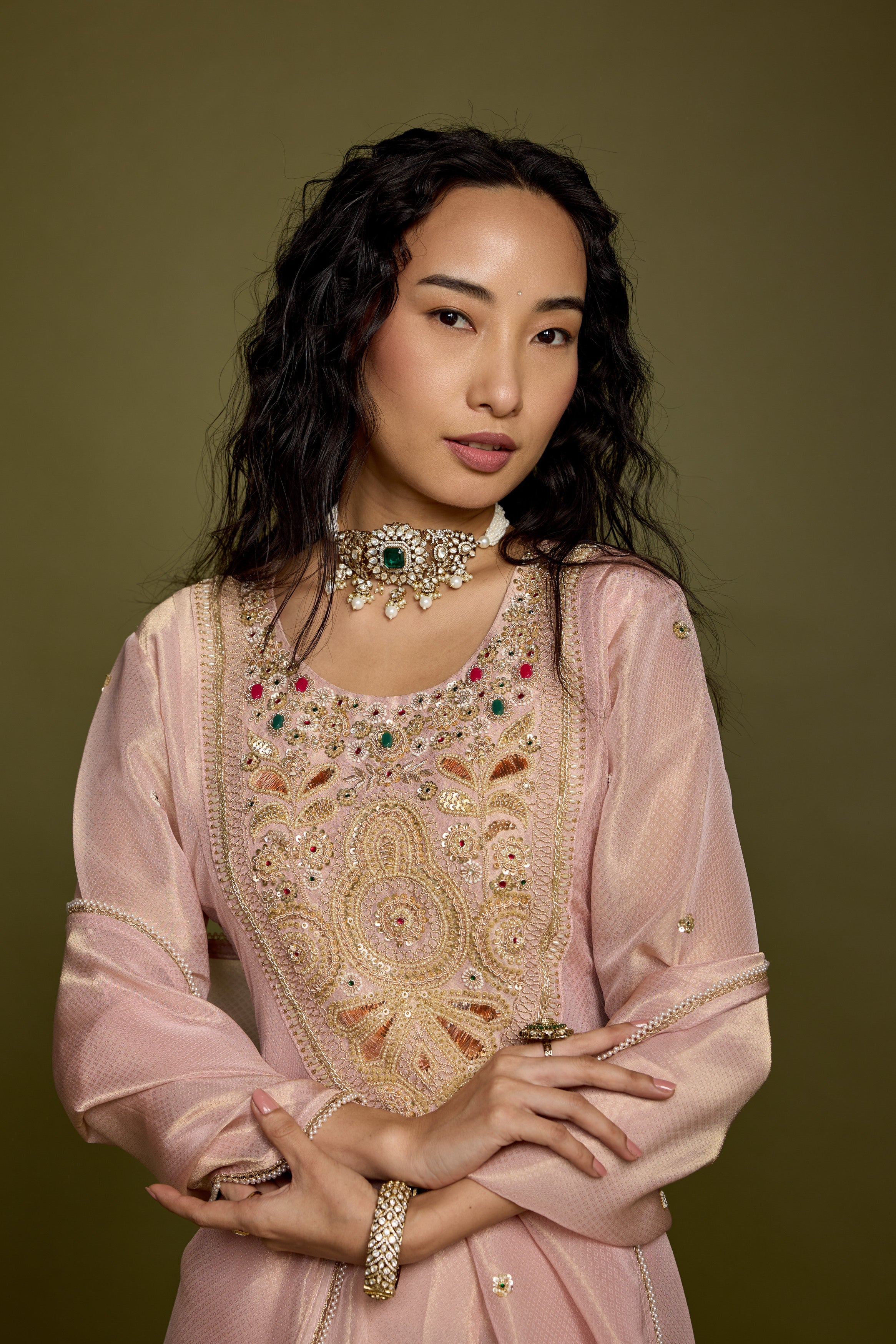 Rose Gold Embellished Shimmer Organza Silk Anarkali Set