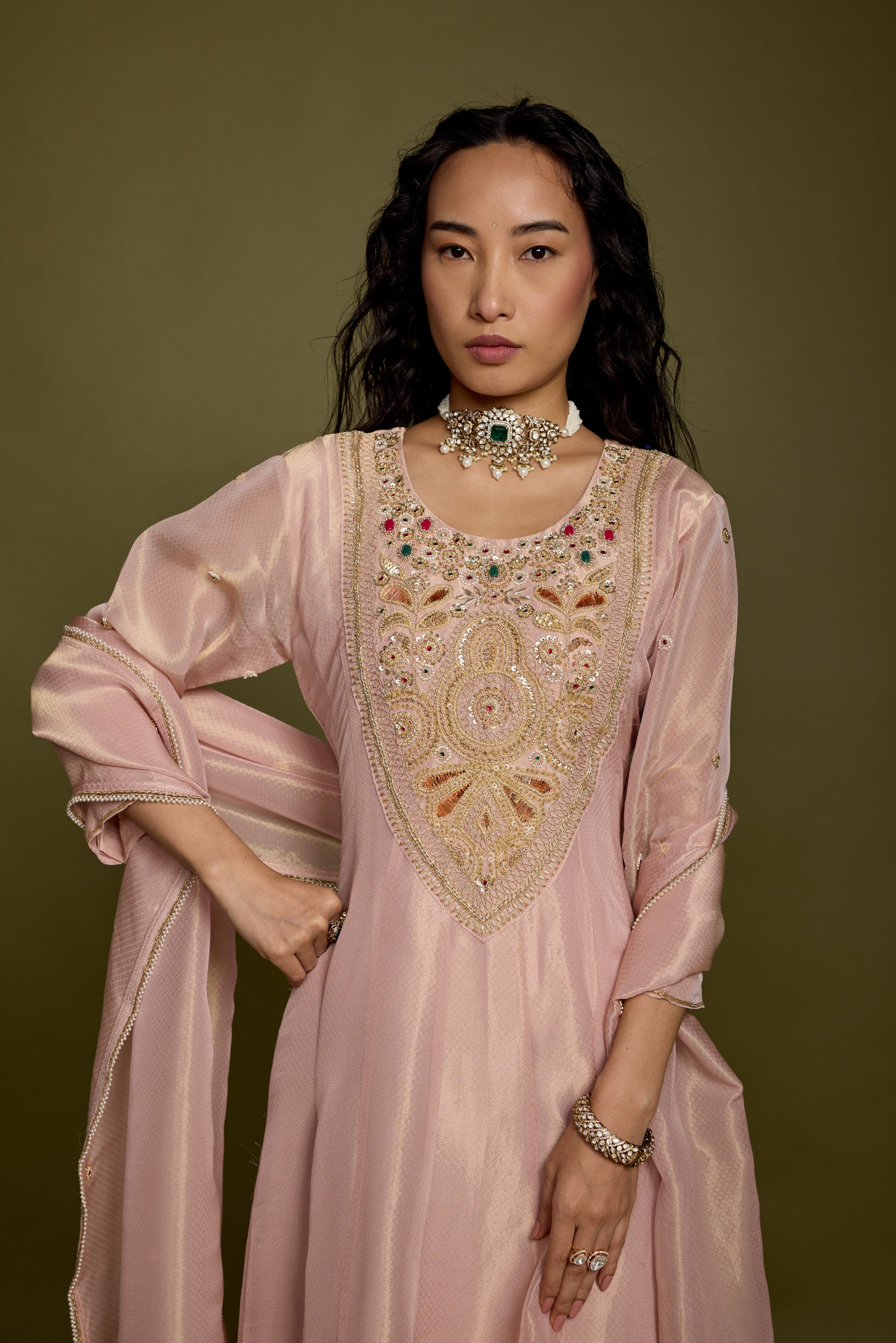 Rose Gold Embellished Shimmer Organza Silk Anarkali Set