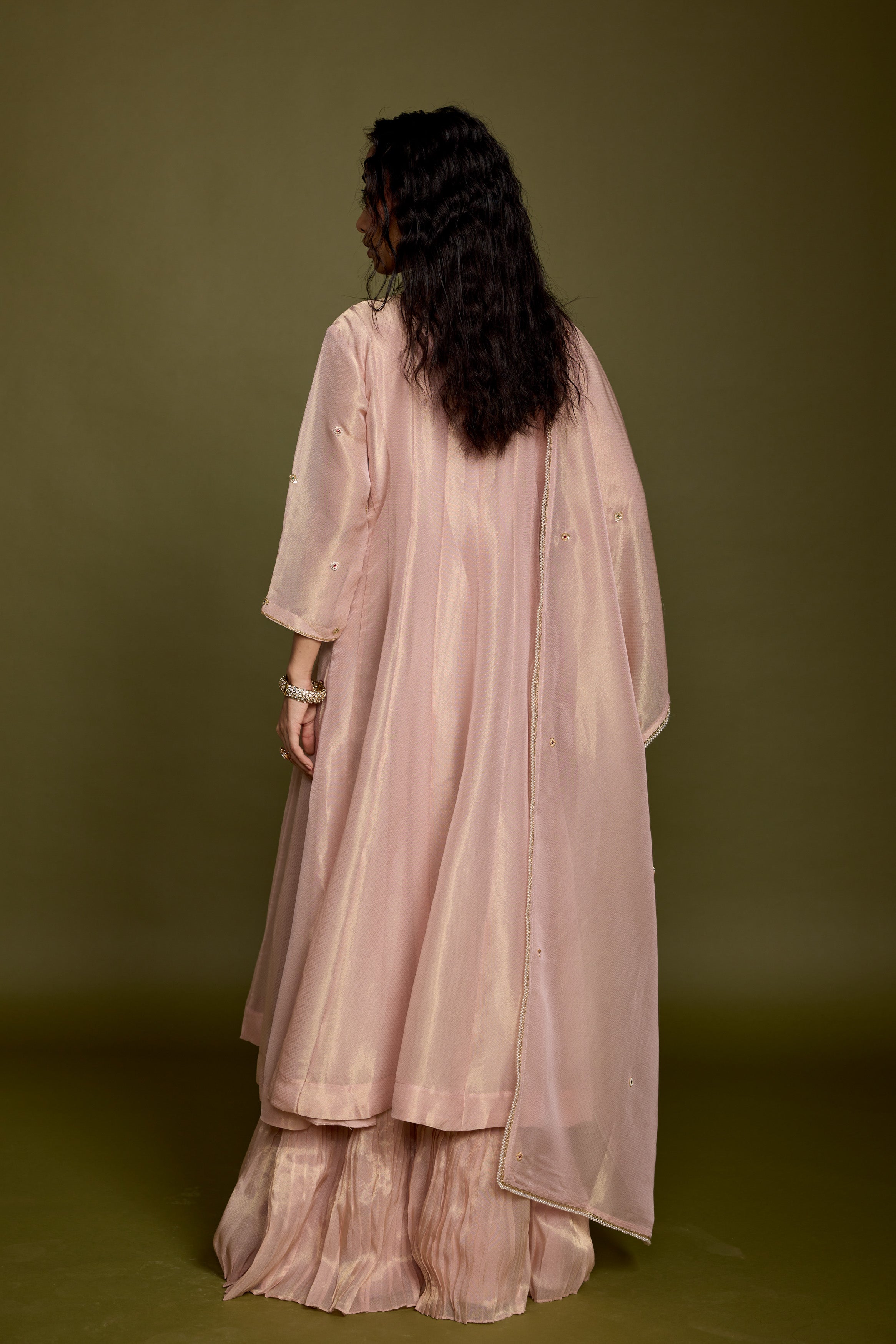 Rose Gold Embellished Shimmer Organza Silk Anarkali Set