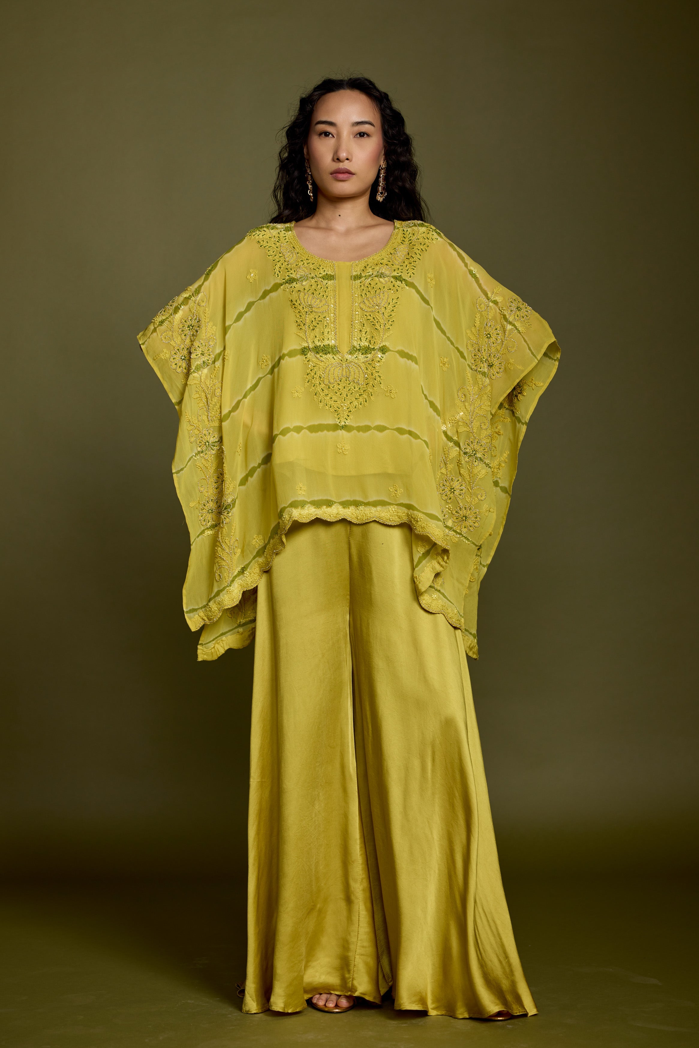 Lime Green Embroidered Georgette Silk Kaftan Set