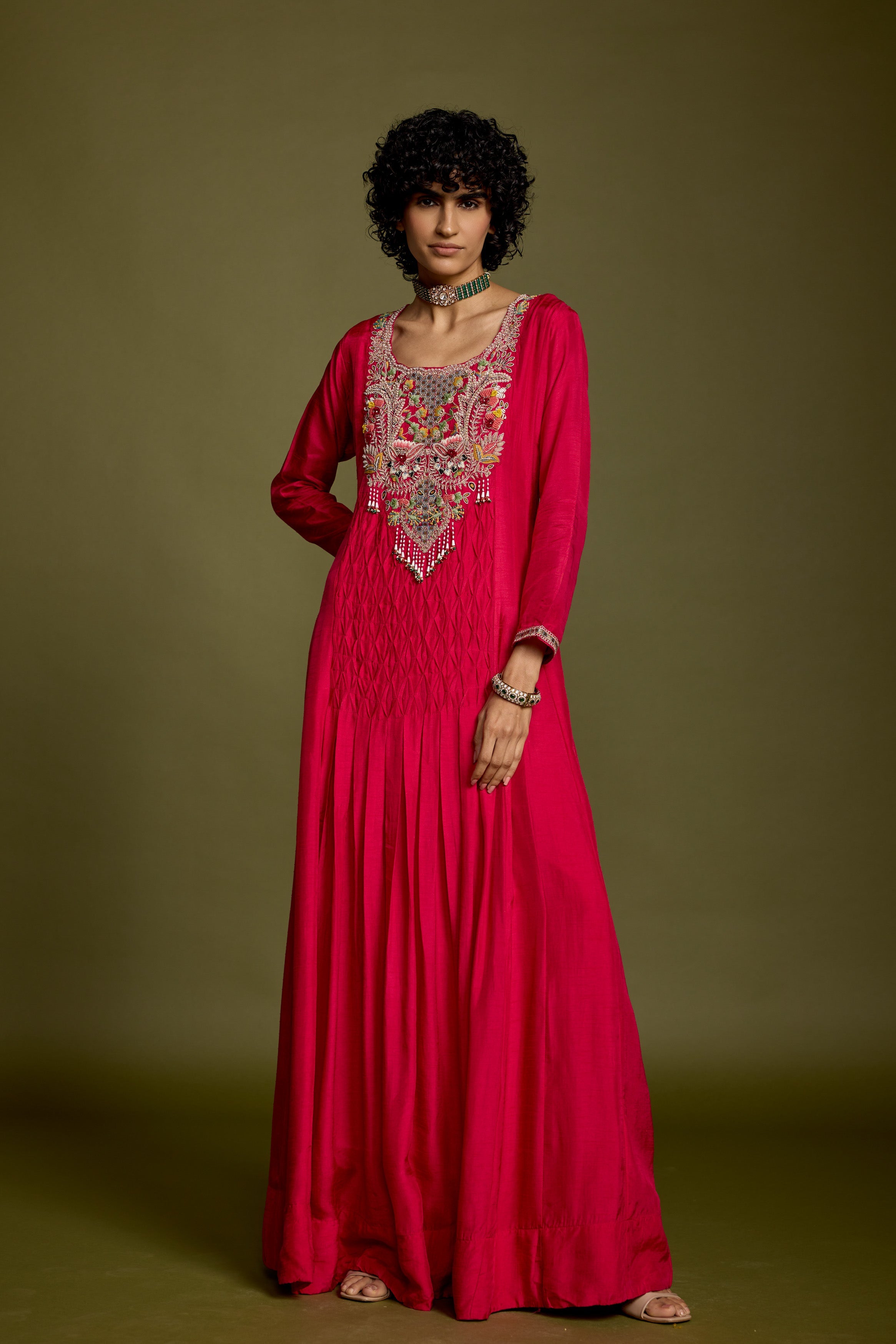 Dark Pink Embellished Raw Silk Gown