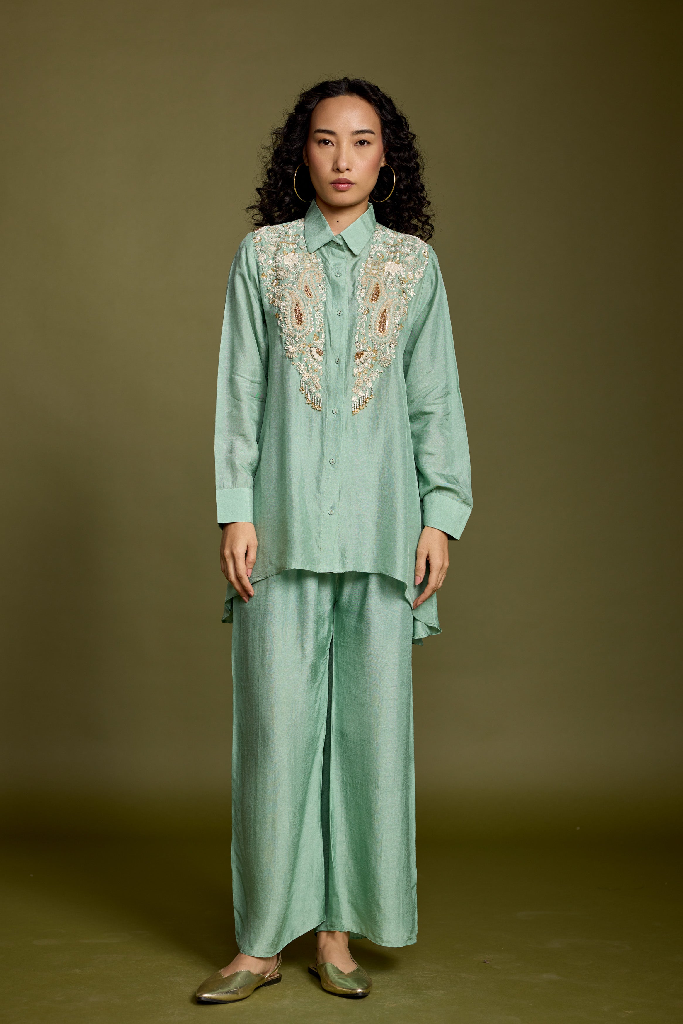 Mint Green Embellished Raw Silk Co-Ord Set