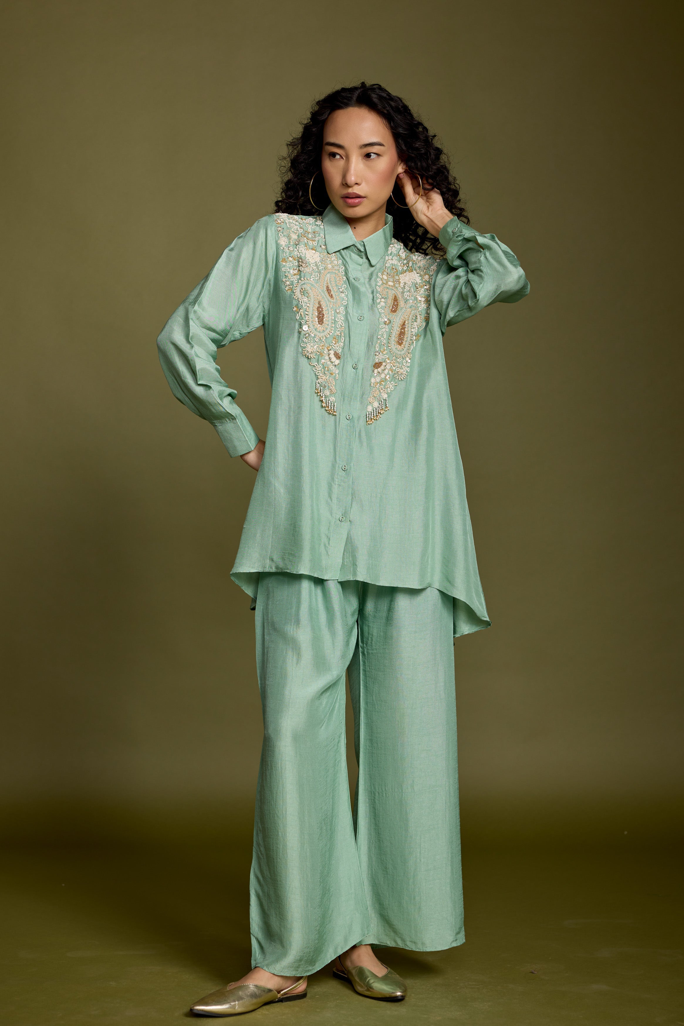 Mint Green Embellished Raw Silk Co-Ord Set
