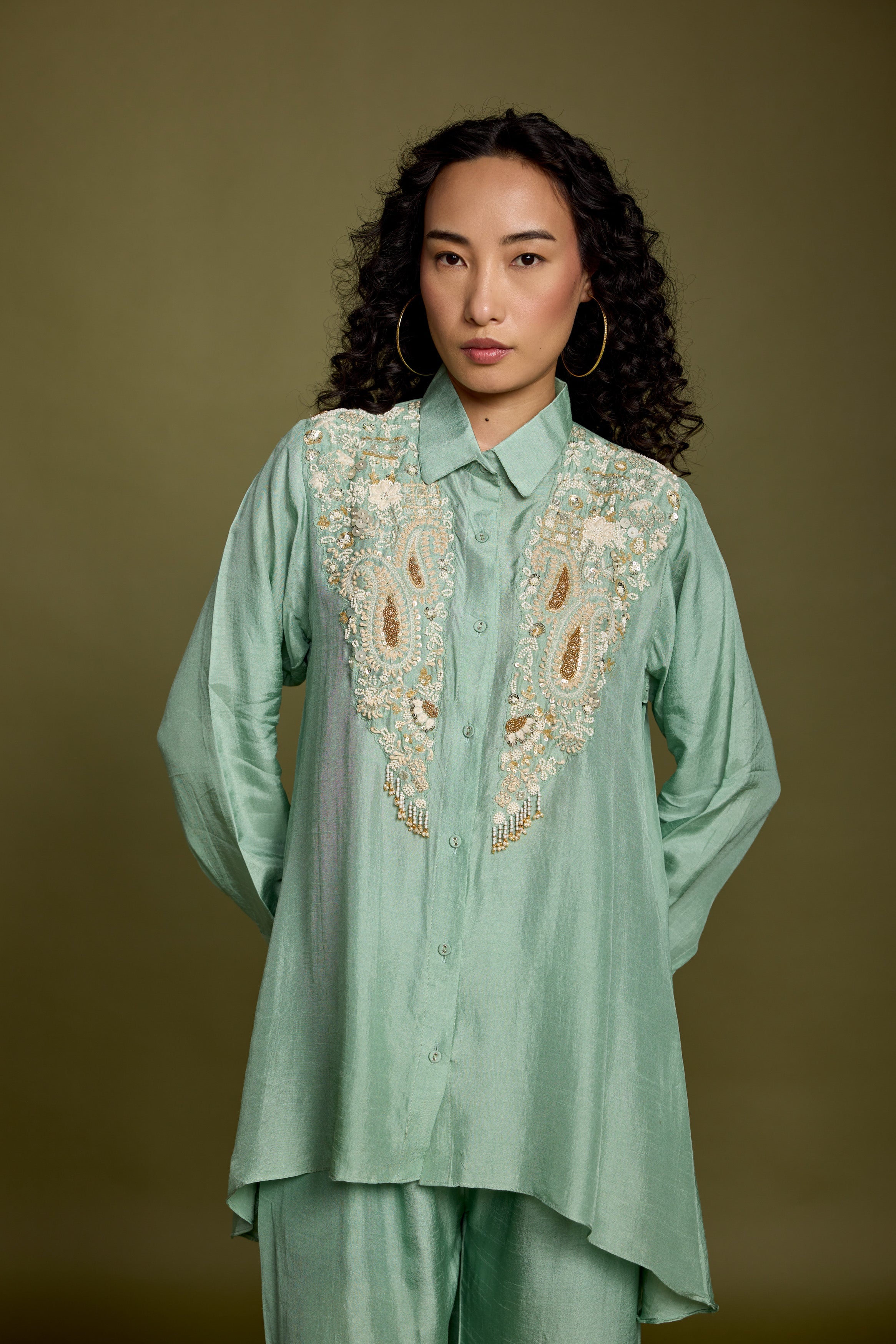 Mint Green Embellished Raw Silk Co-Ord Set