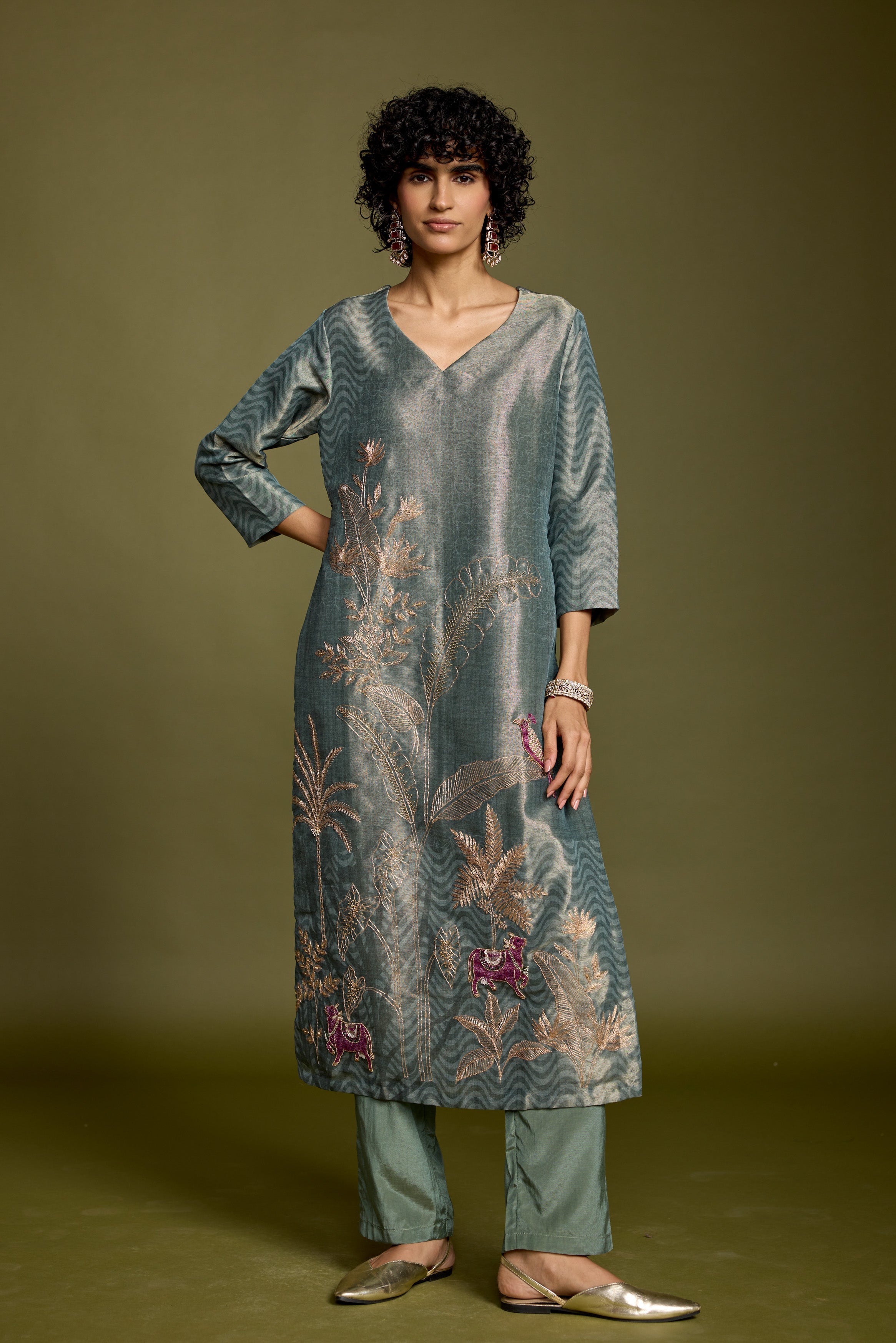 Grayish-Green Embellished Chanderi Silk Pant Set