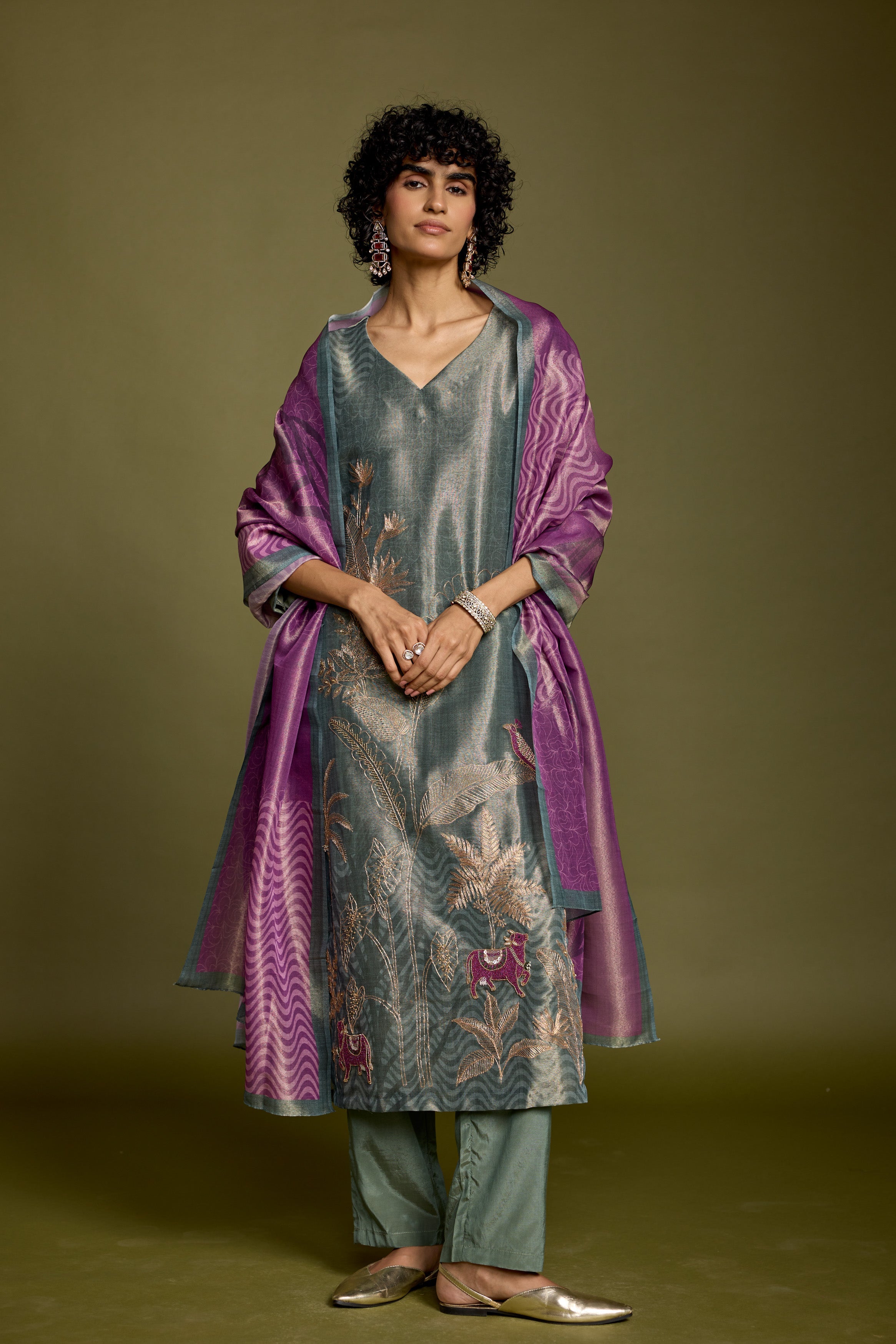 Grayish-Green Embellished Chanderi Silk Pant Set