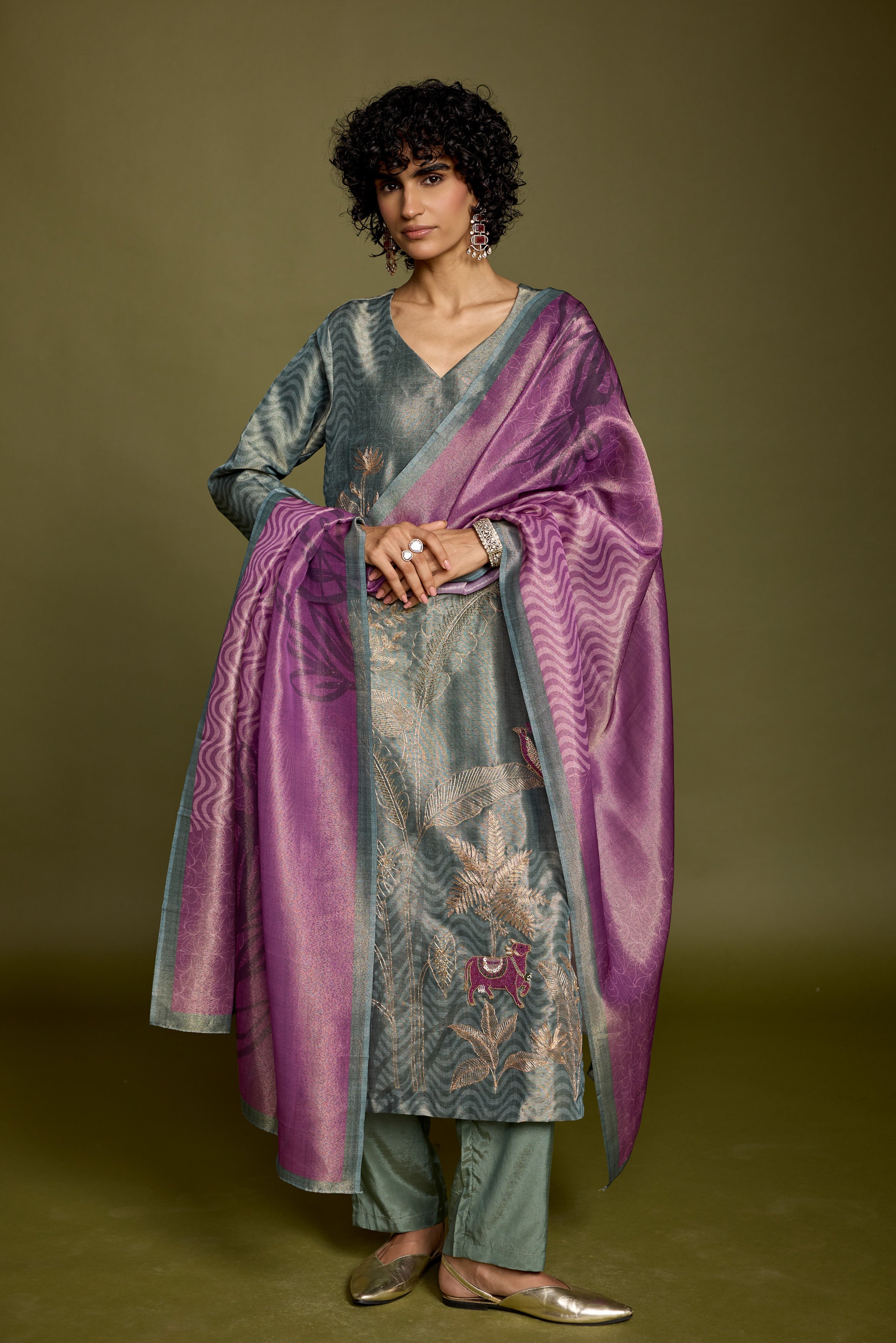 Grayish-Green Embellished Chanderi Silk Pant Set