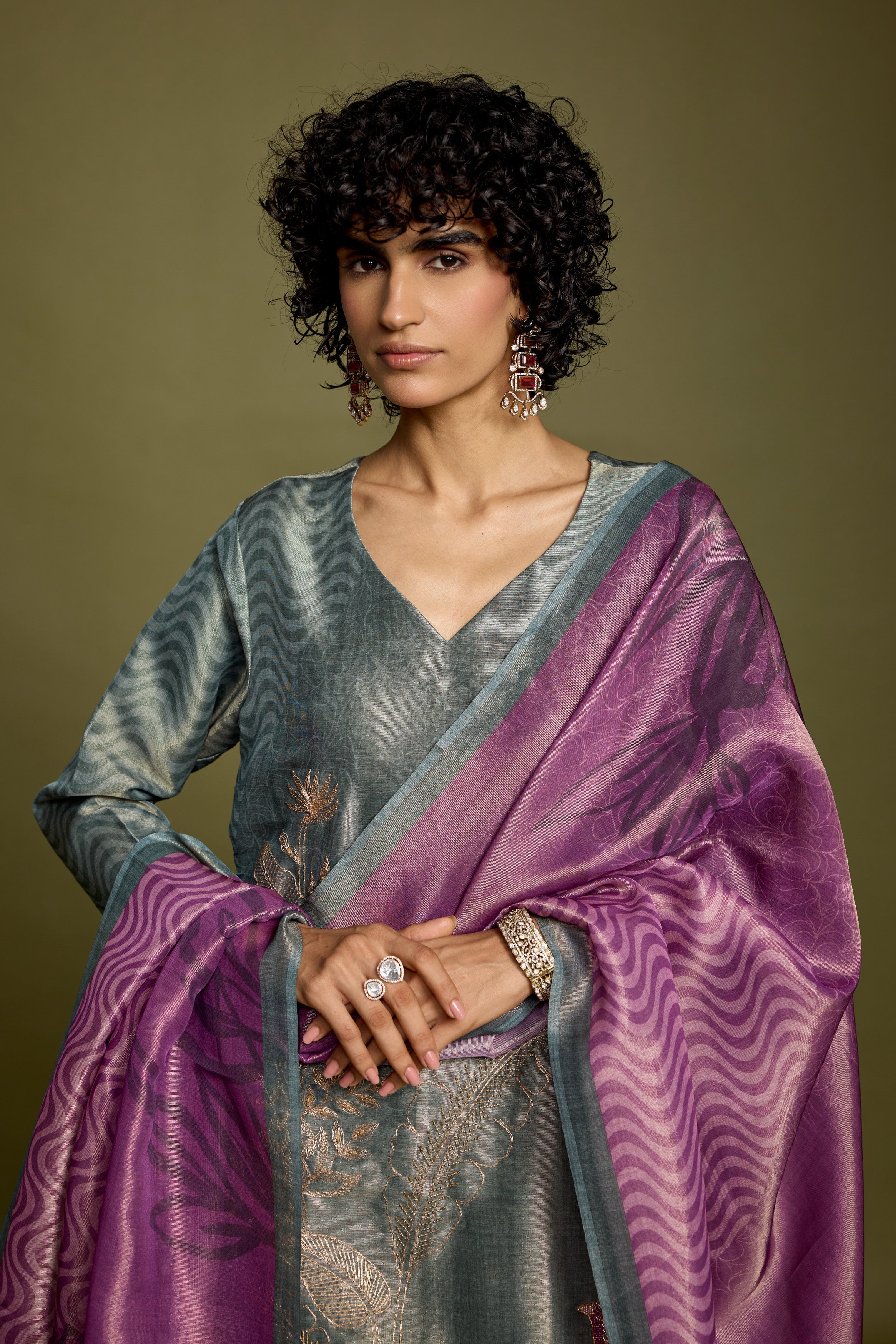 Grayish-Green Embellished Chanderi Silk Pant Set