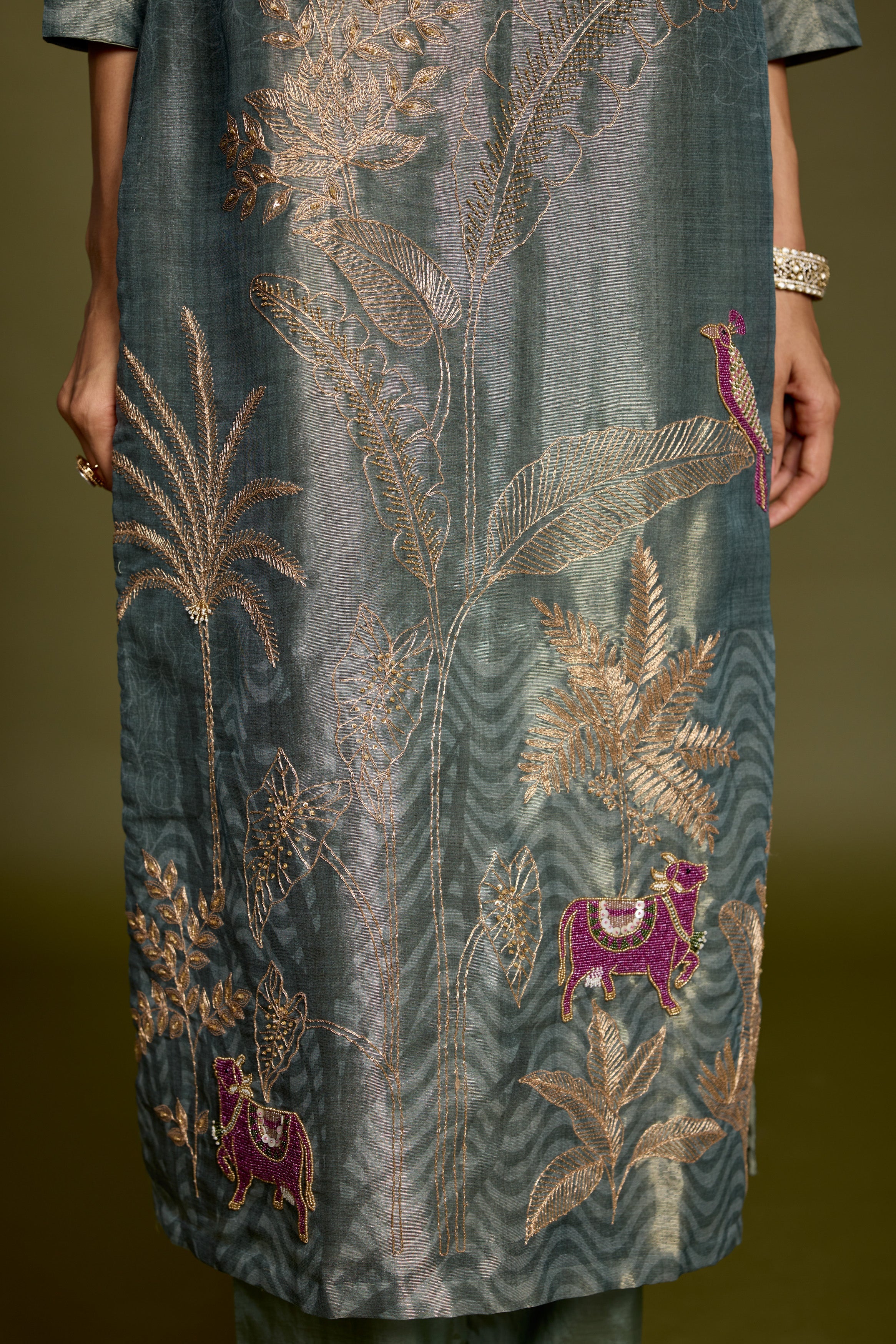 Grayish-Green Embellished Chanderi Silk Pant Set