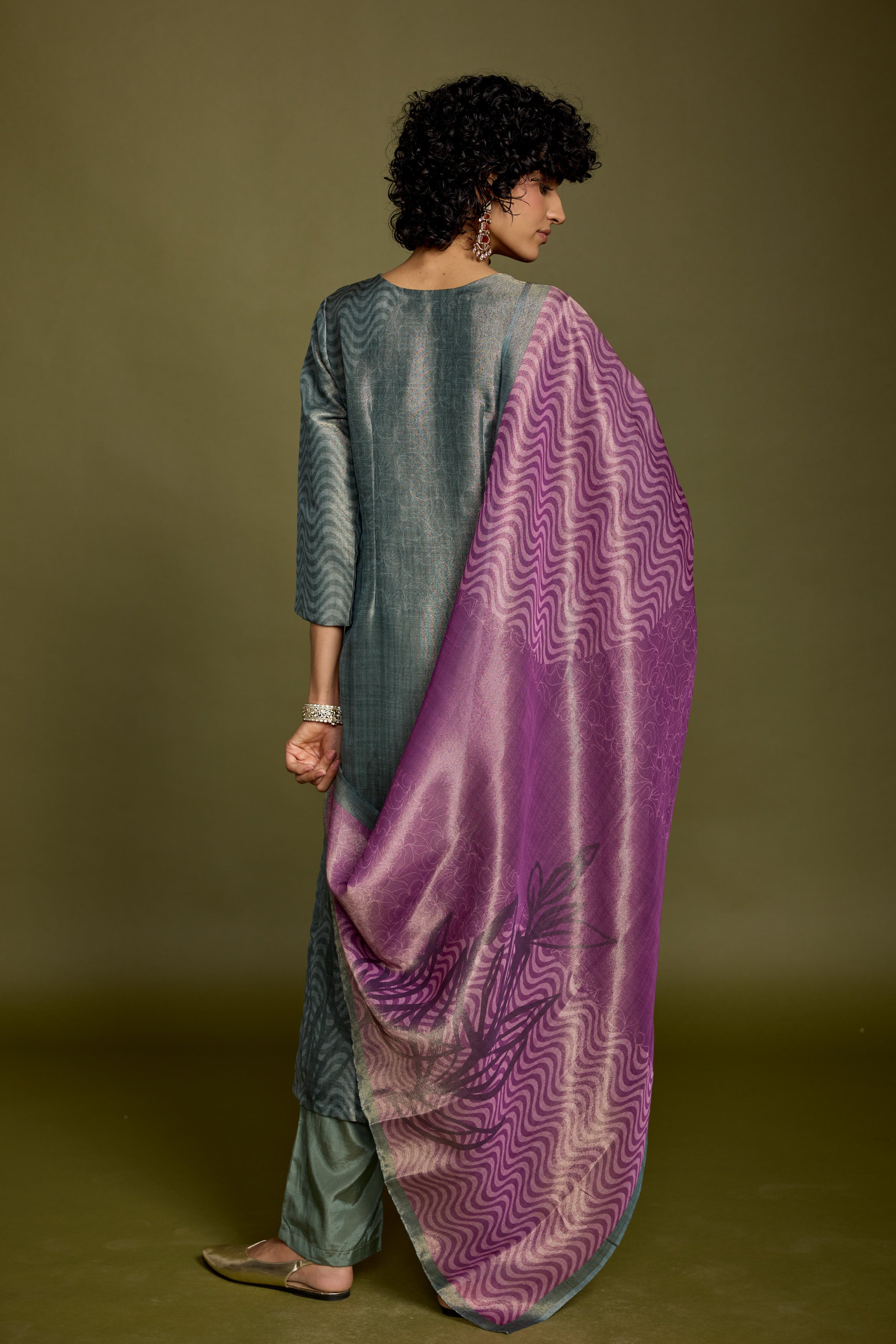 Grayish-Green Embellished Chanderi Silk Pant Set