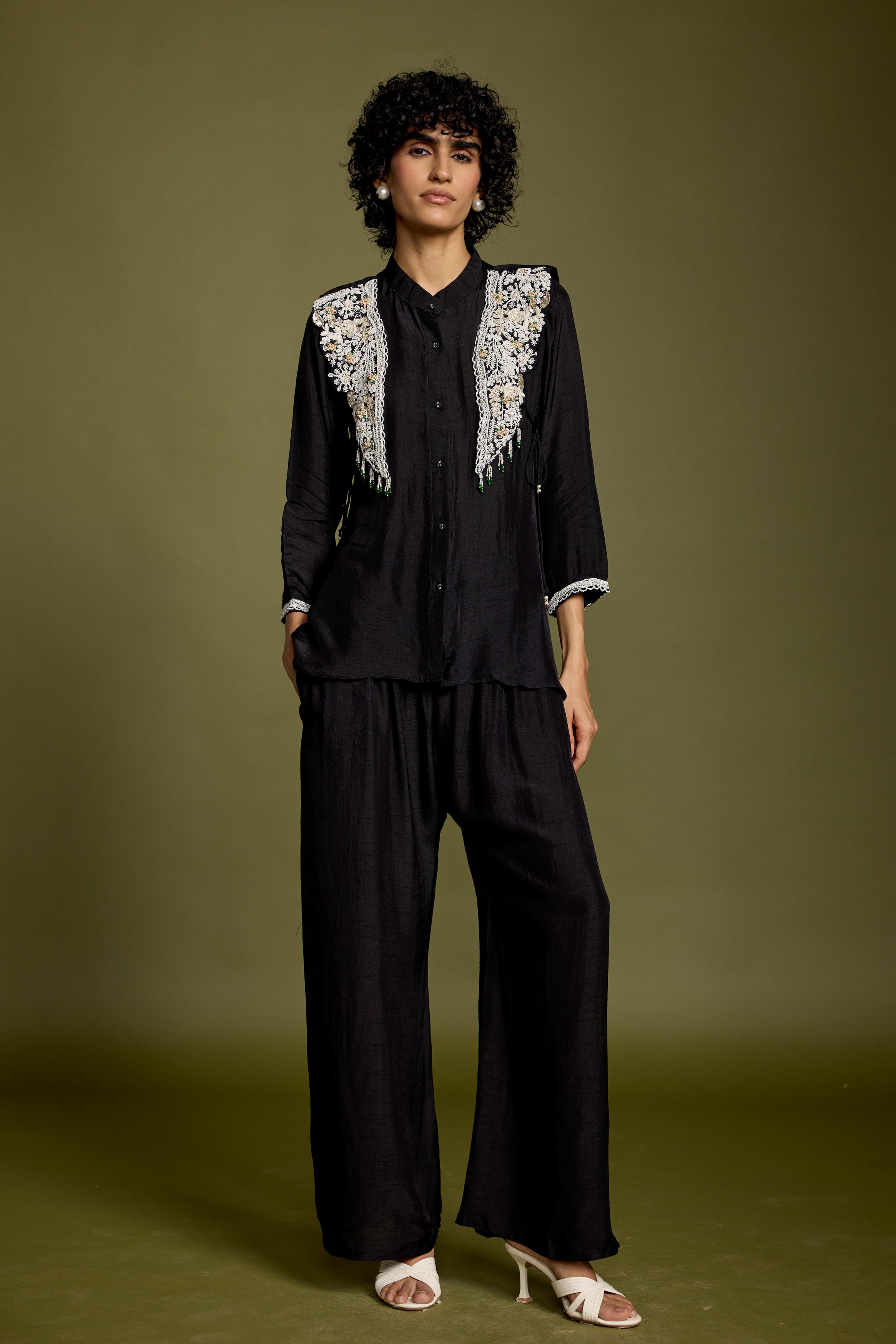 Rich Black Embellished Raw Silk Co-Ord Set