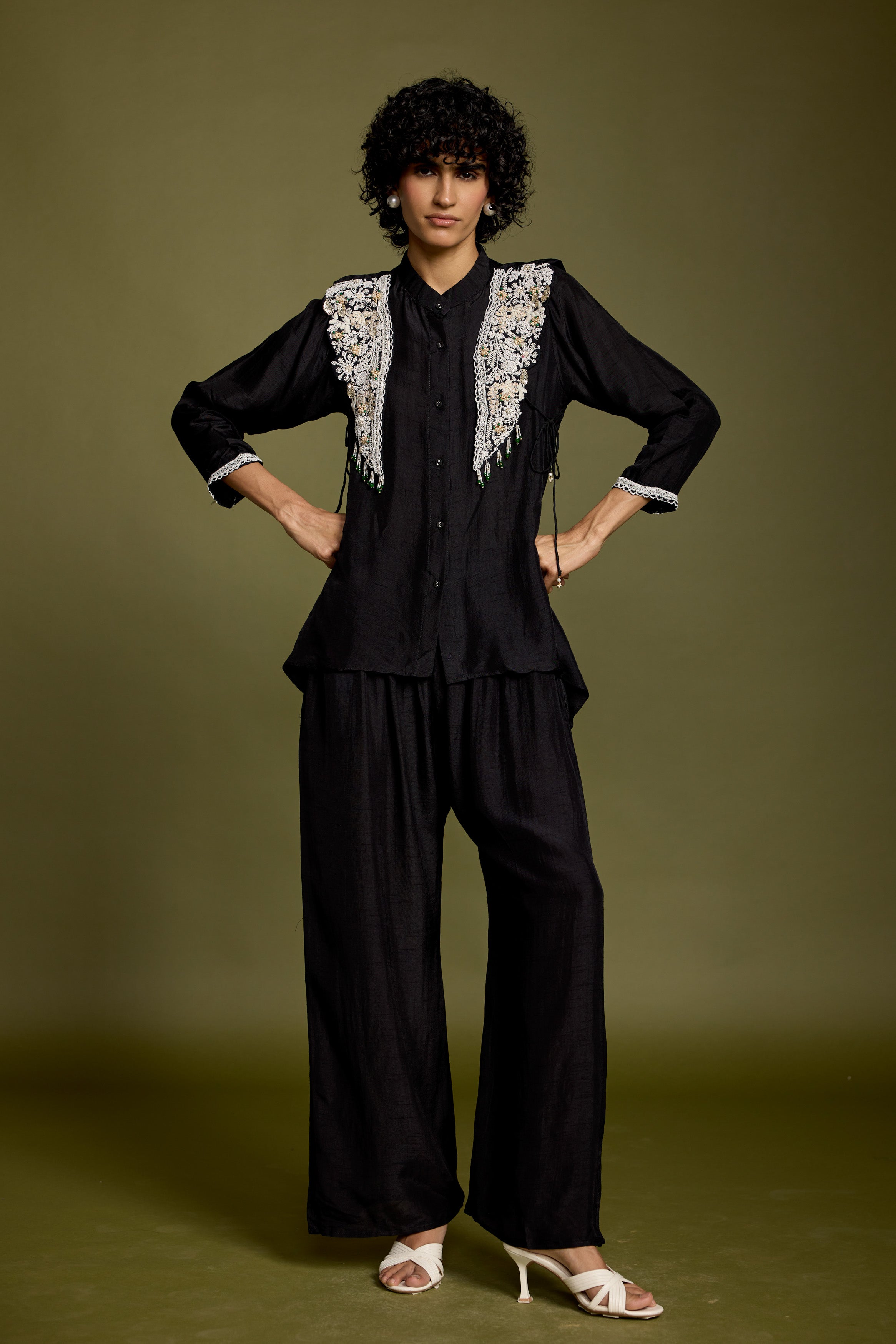 Rich Black Embellished Raw Silk Co-Ord Set