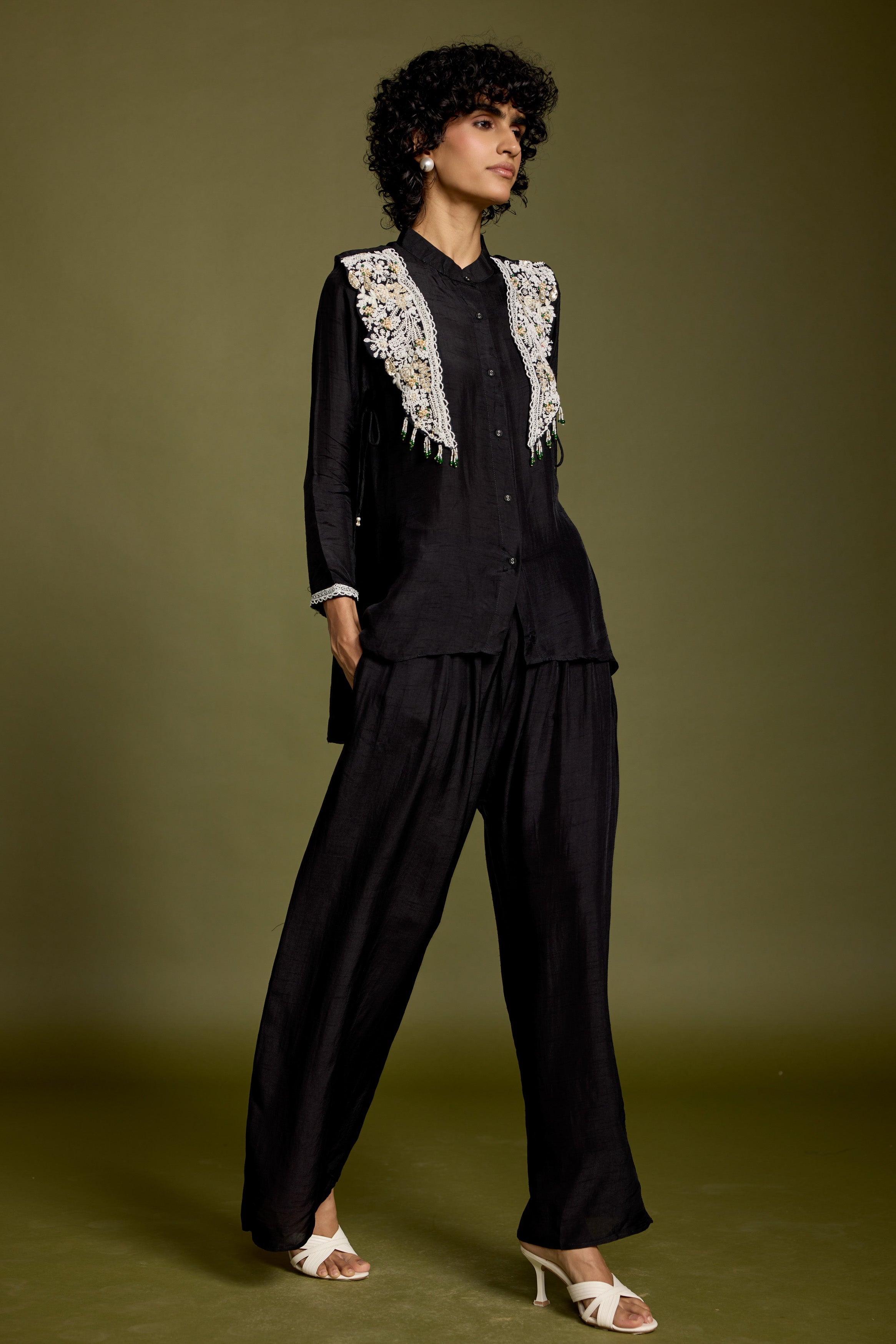 Rich Black Embellished Raw Silk Co-Ord Set