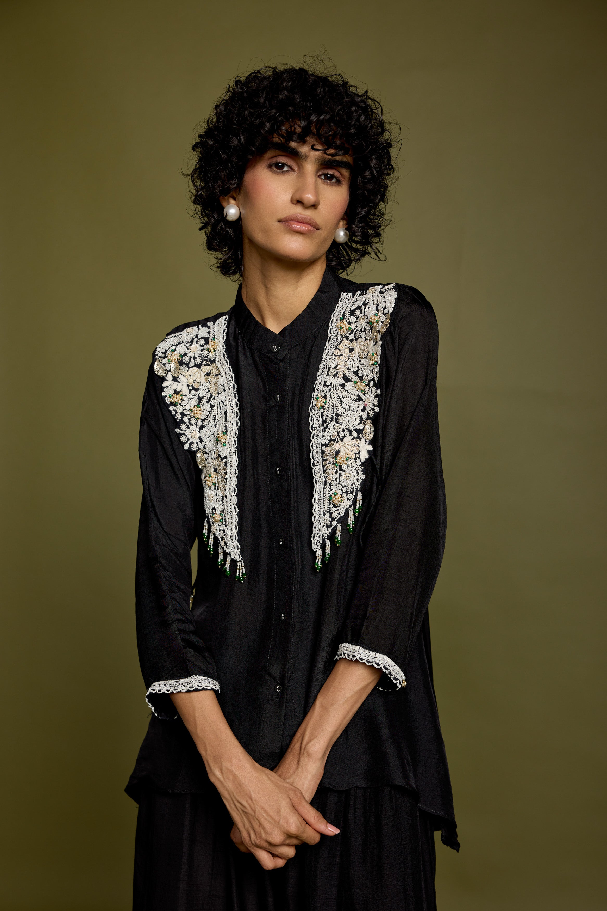 Rich Black Embellished Raw Silk Co-Ord Set