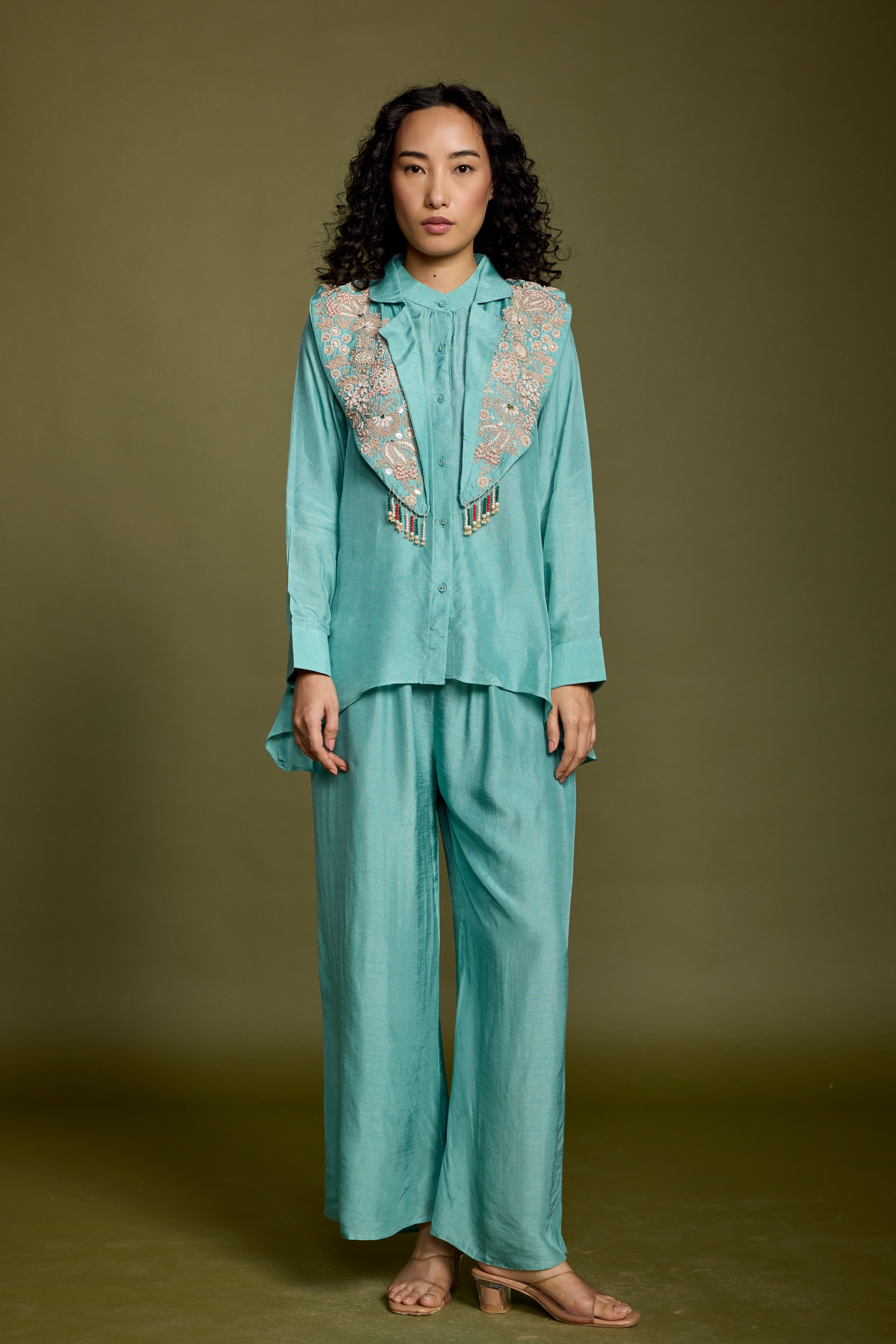 Aqua Blue Embellished Raw Silk Co-Ord Set