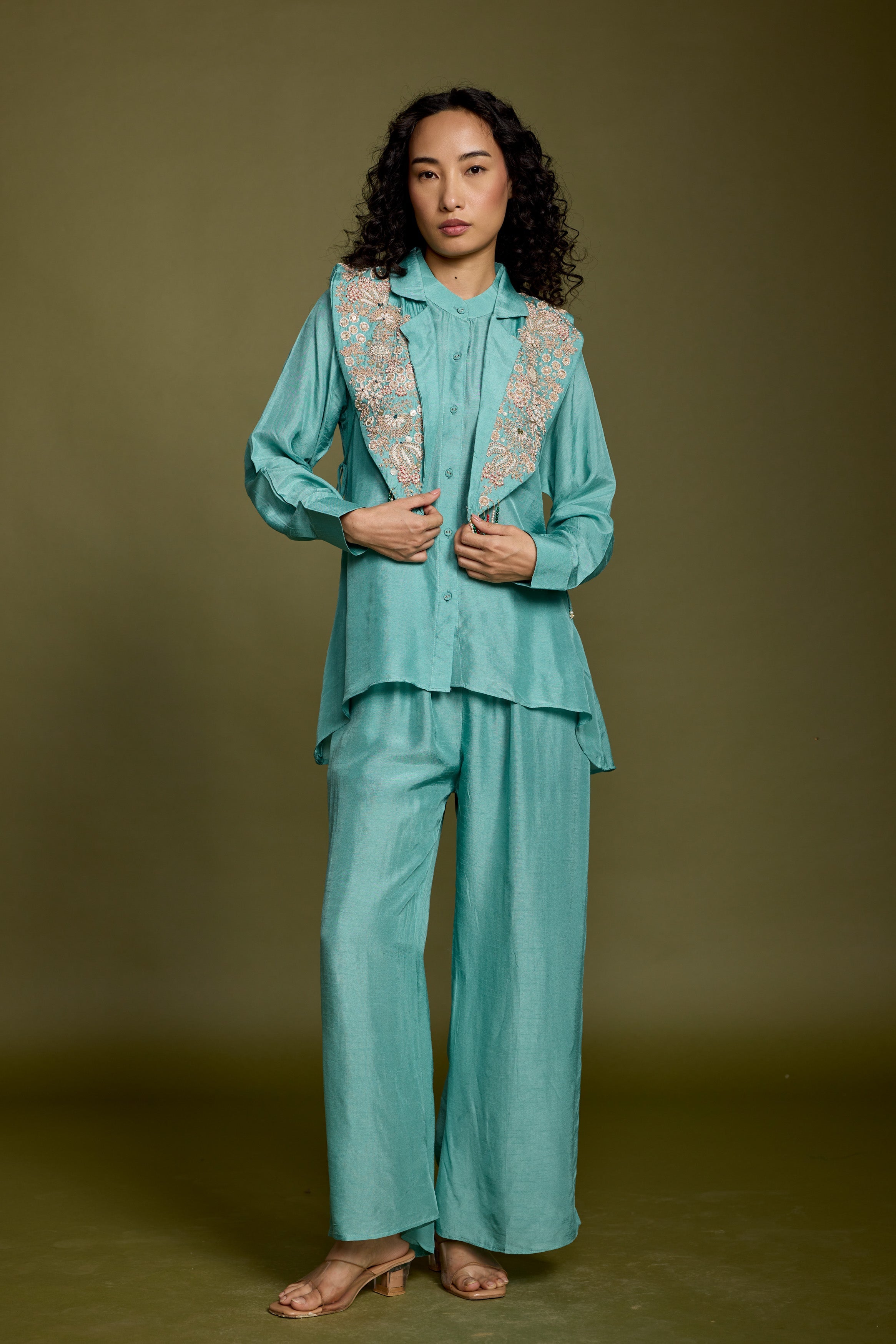 Aqua Blue Embellished Raw Silk Co-Ord Set