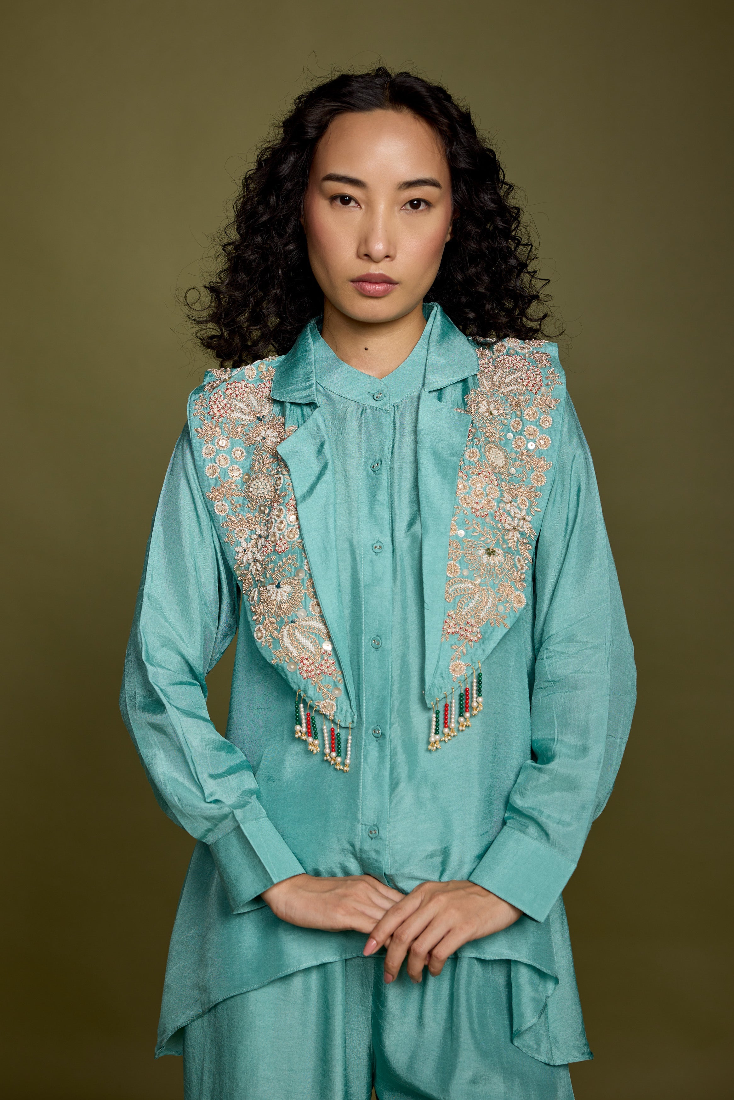 Aqua Blue Embellished Raw Silk Co-Ord Set