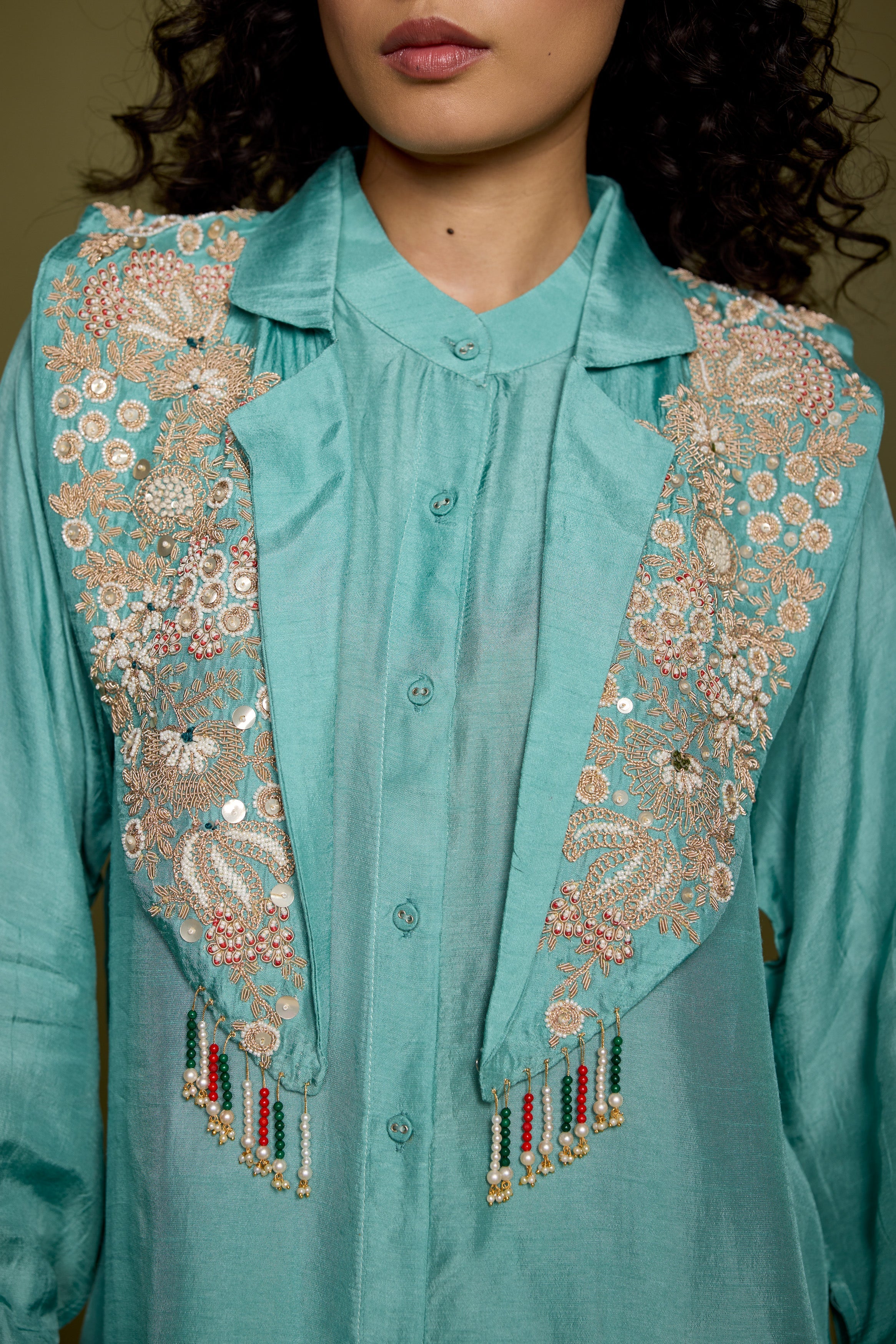 Aqua Blue Embellished Raw Silk Co-Ord Set
