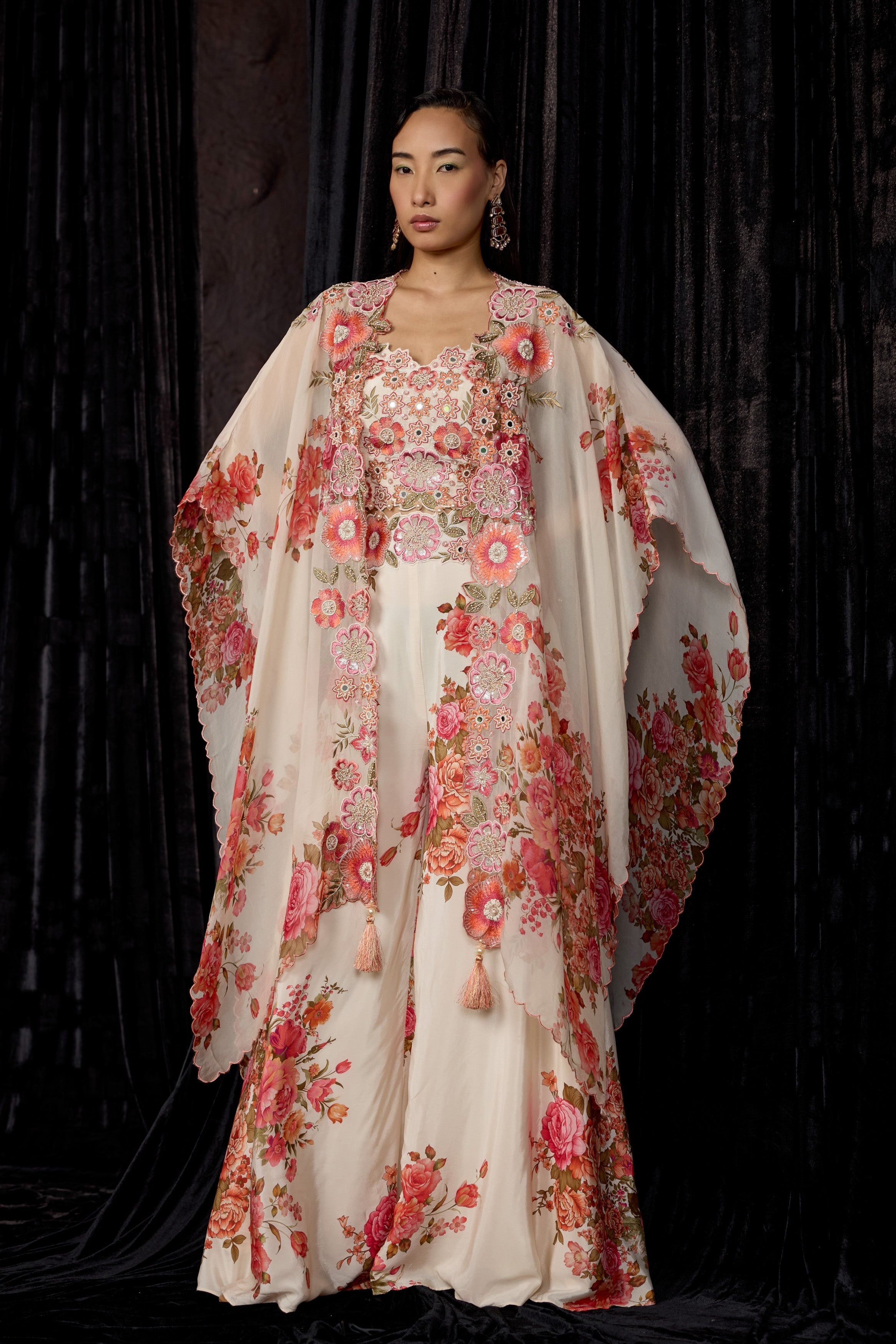 Off-White Printed Crepe Silk Cape Set
