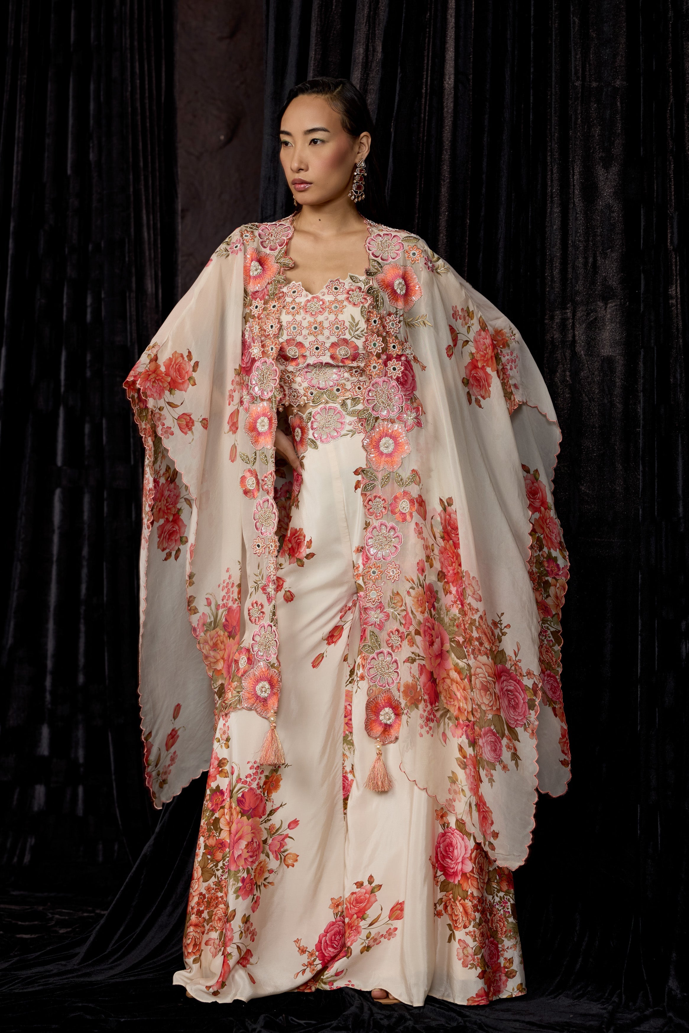 Off-White Printed Crepe Silk Cape Set