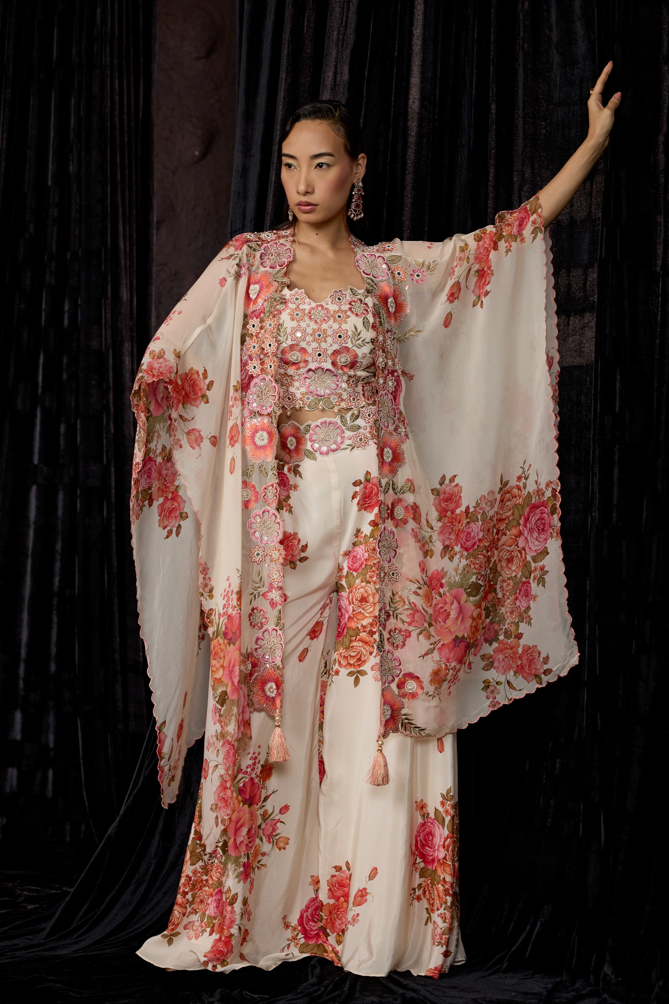 Off-White Printed Crepe Silk Cape Set