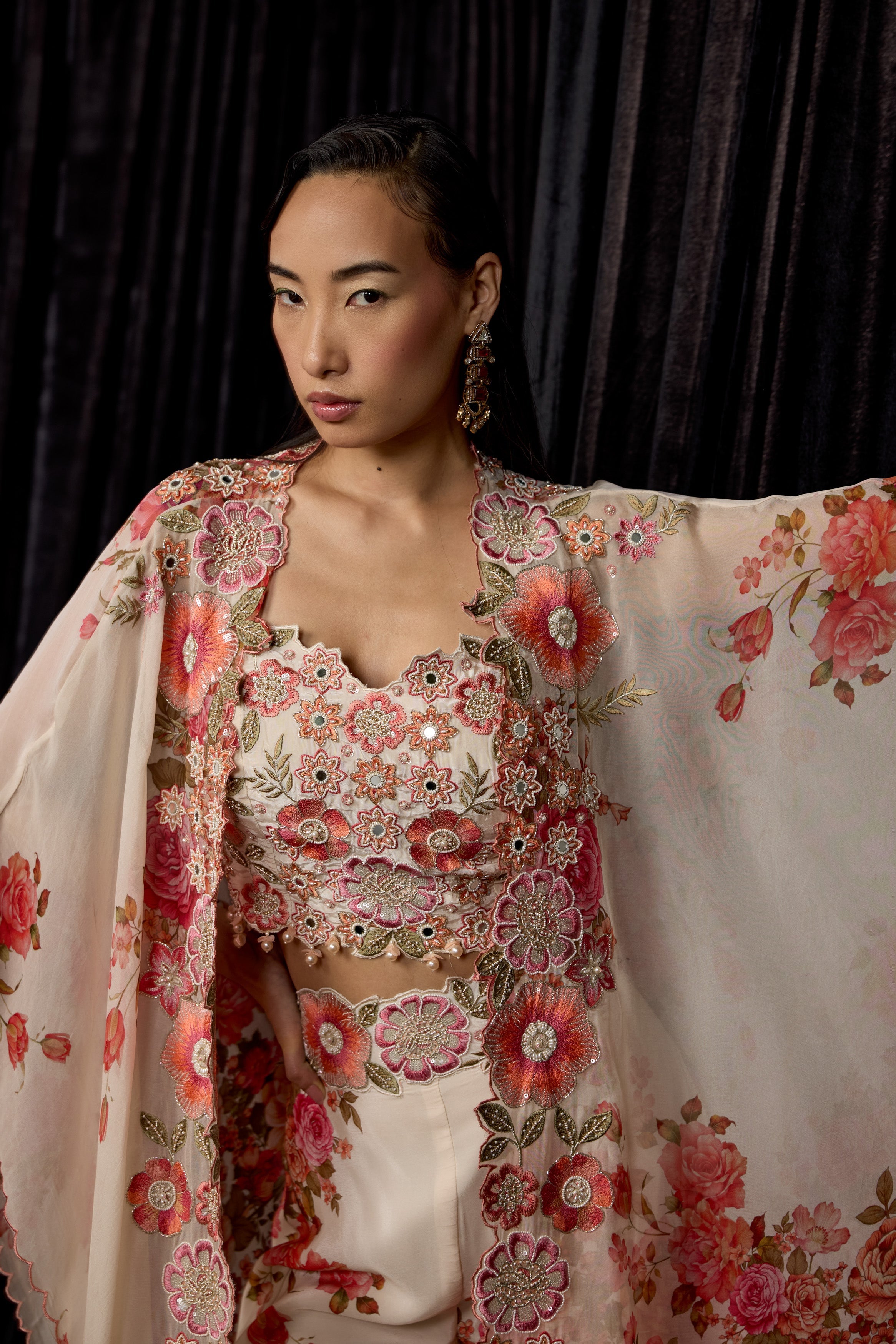 Off-White Printed Crepe Silk Cape Set