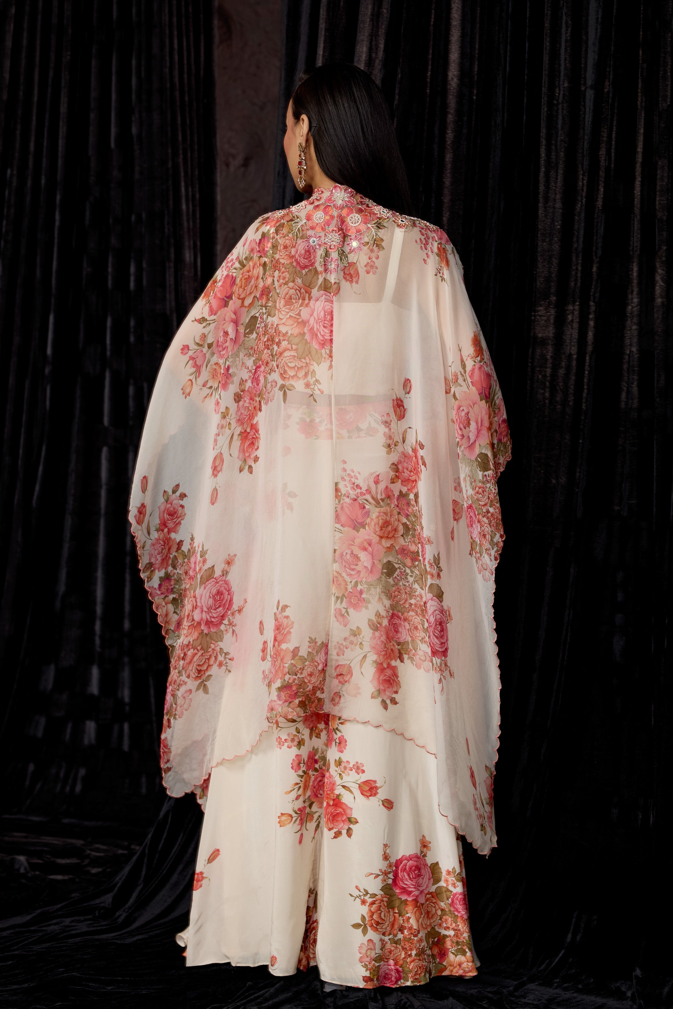 Off-White Printed Crepe Silk Cape Set