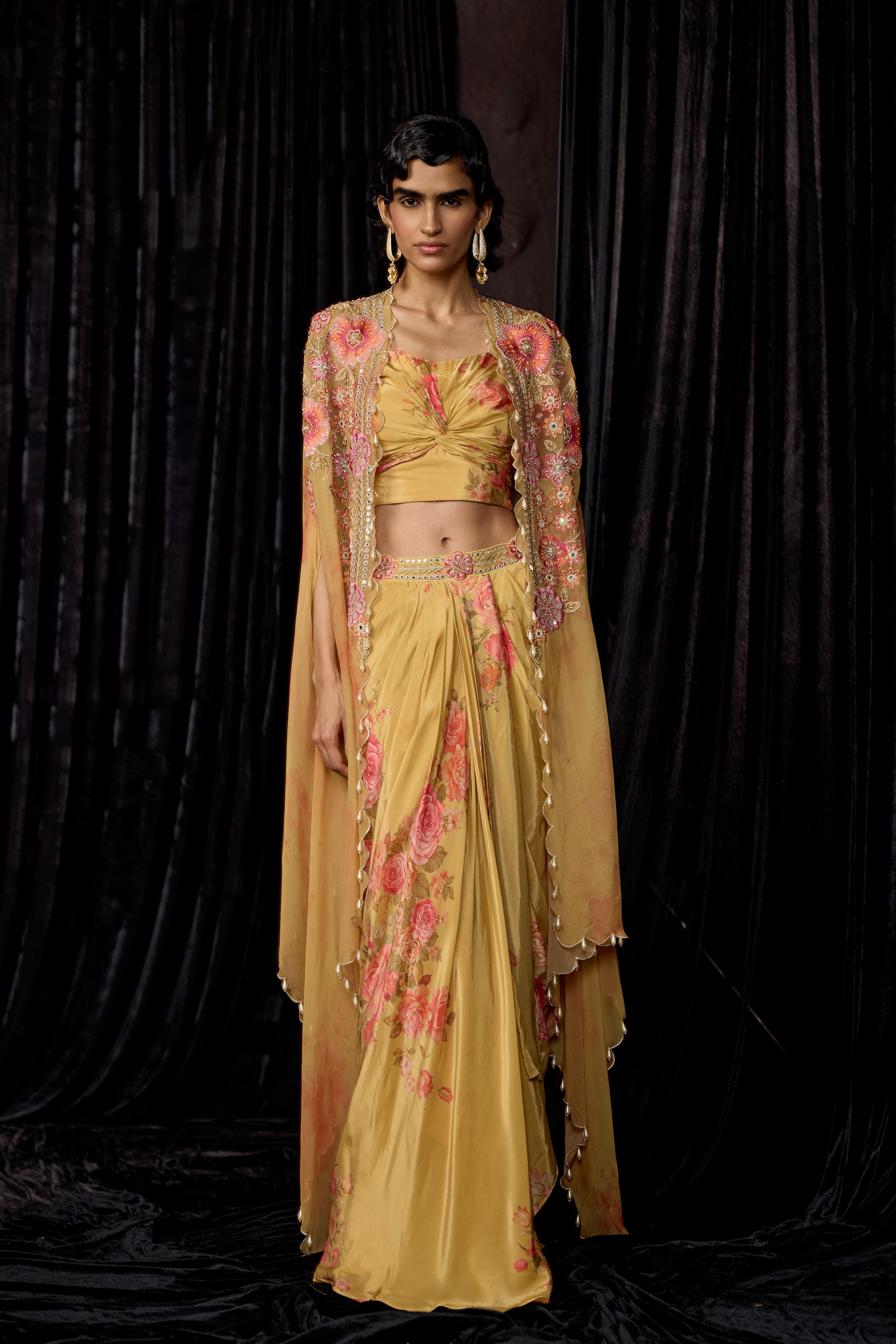 Golden Yellow Embellished Crepe Silk Drape Skirt Set