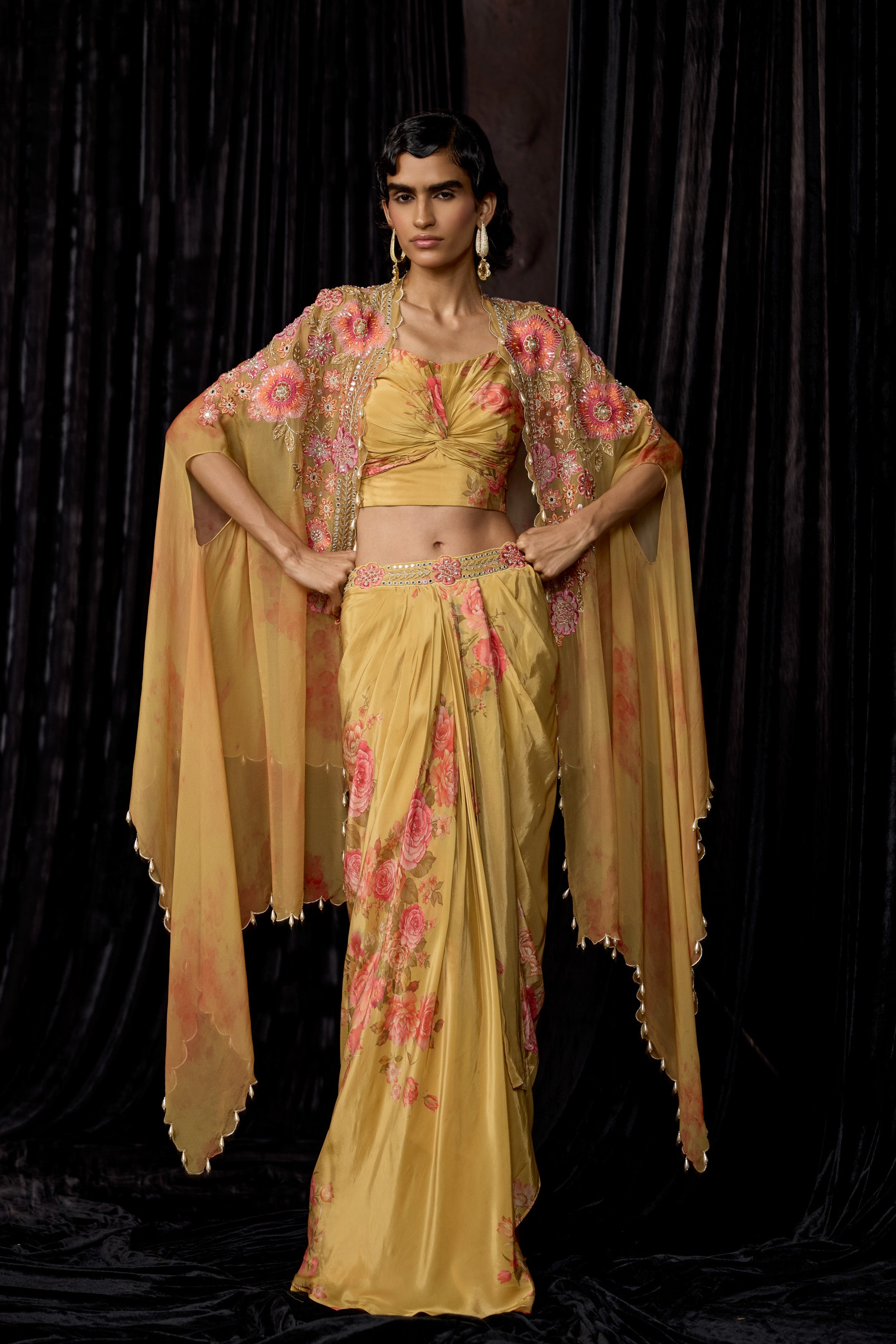 Golden Yellow Embellished Crepe Silk Drape Skirt Set