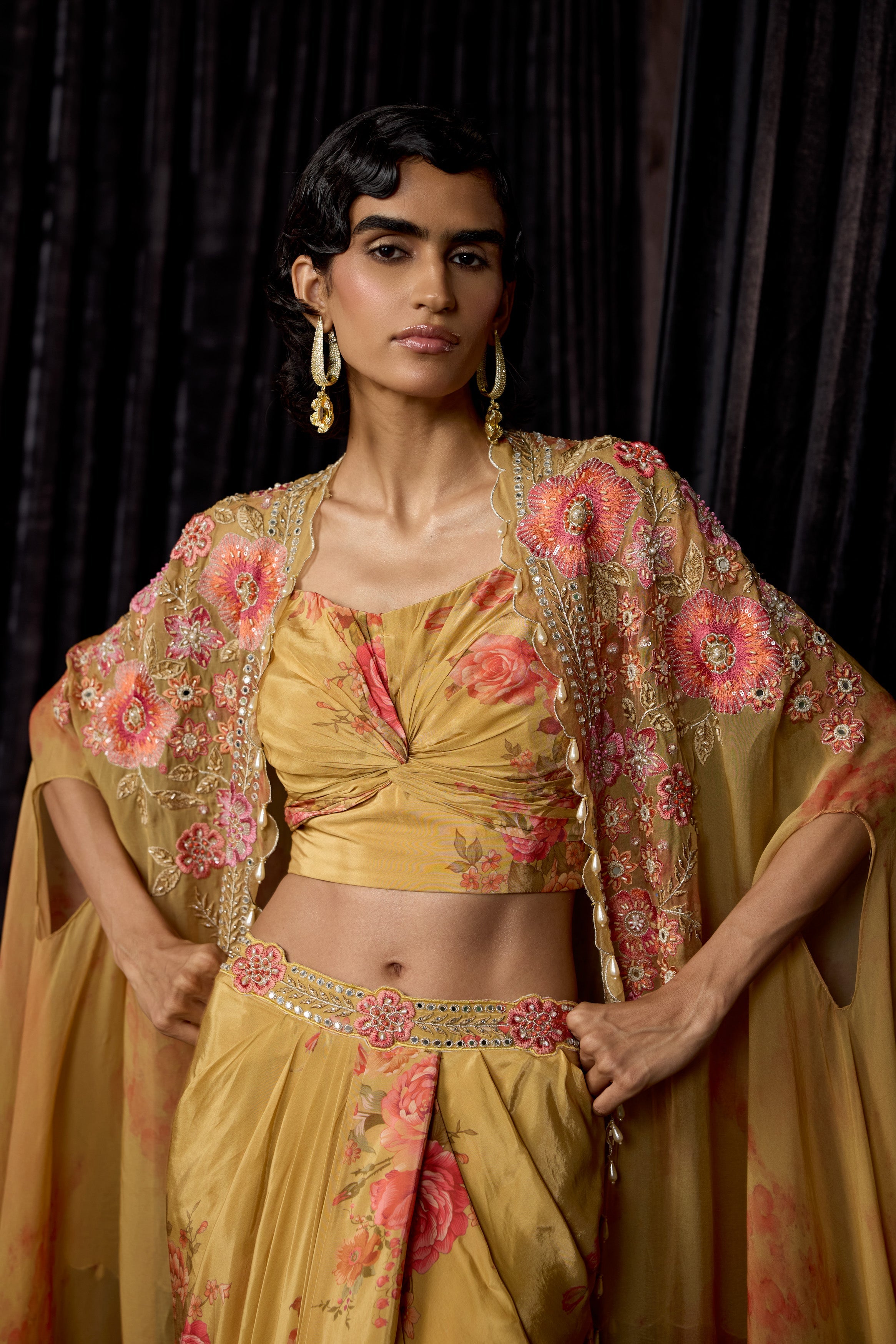 Golden Yellow Embellished Crepe Silk Drape Skirt Set