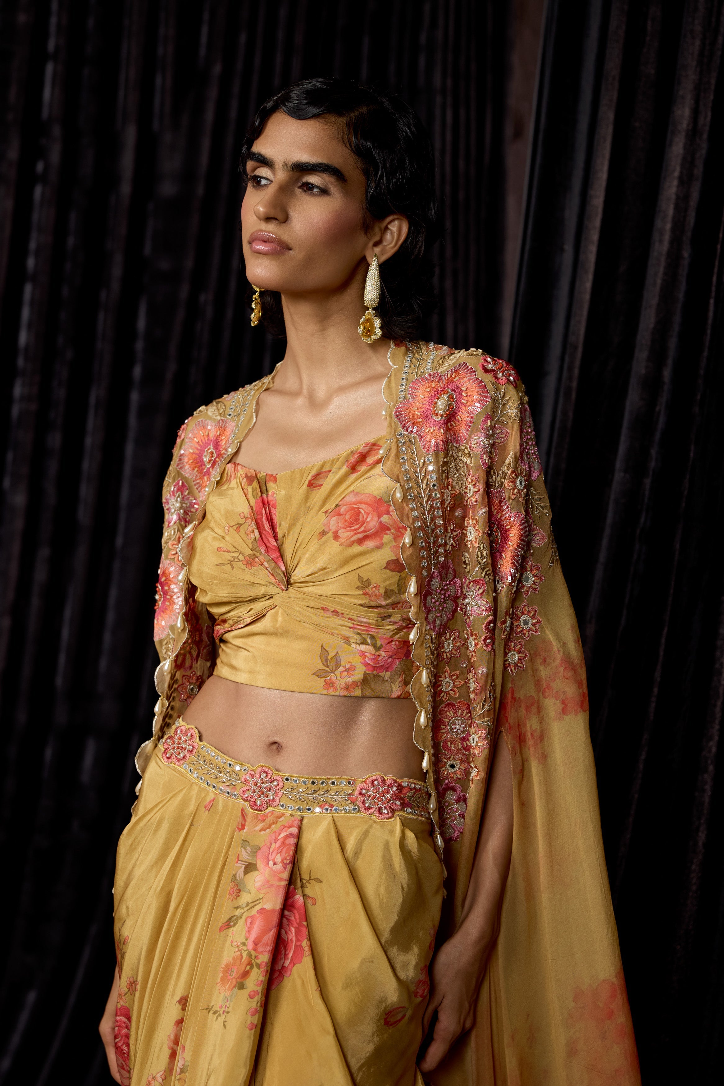 Golden Yellow Embellished Crepe Silk Drape Skirt Set