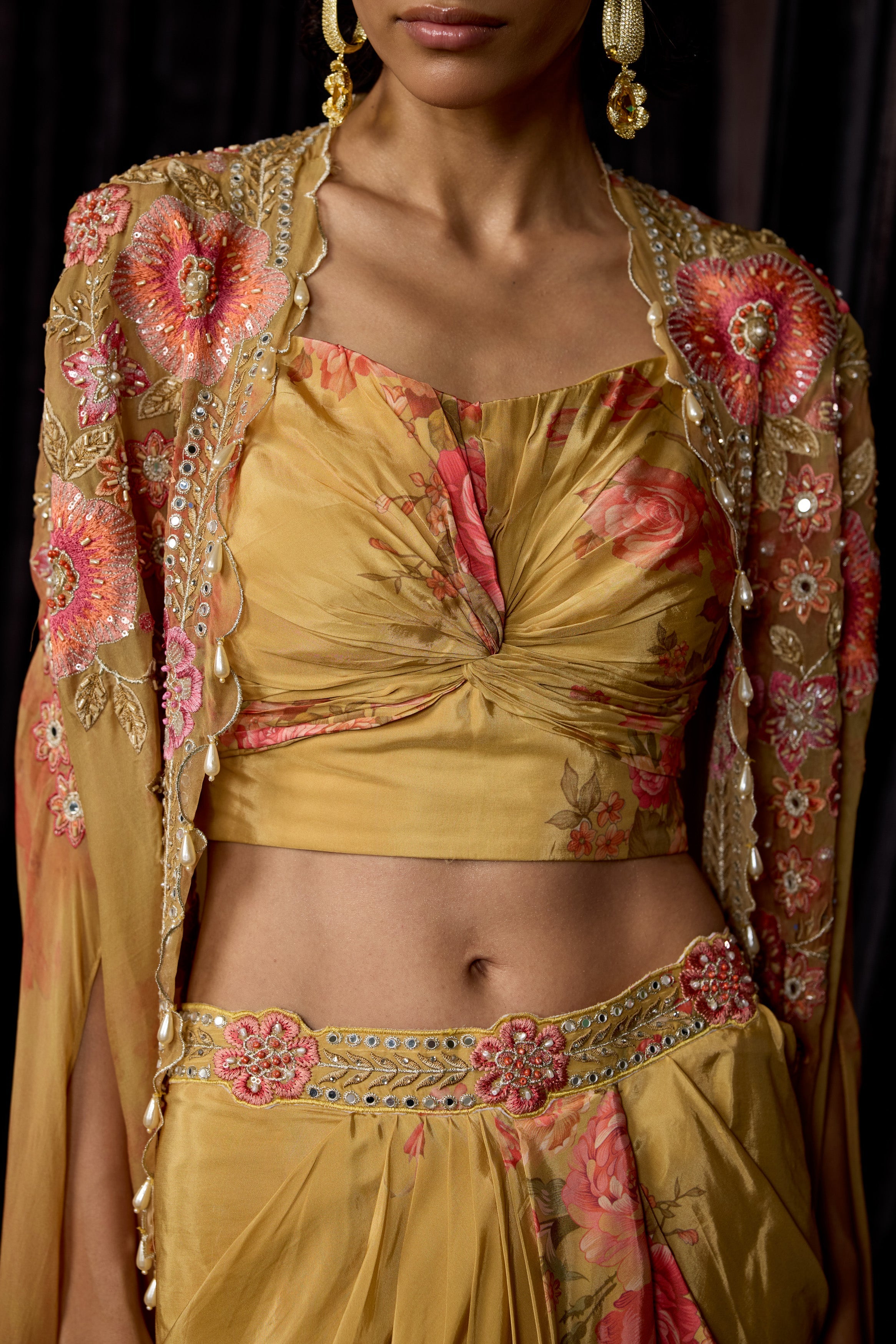 Golden Yellow Embellished Crepe Silk Drape Skirt Set