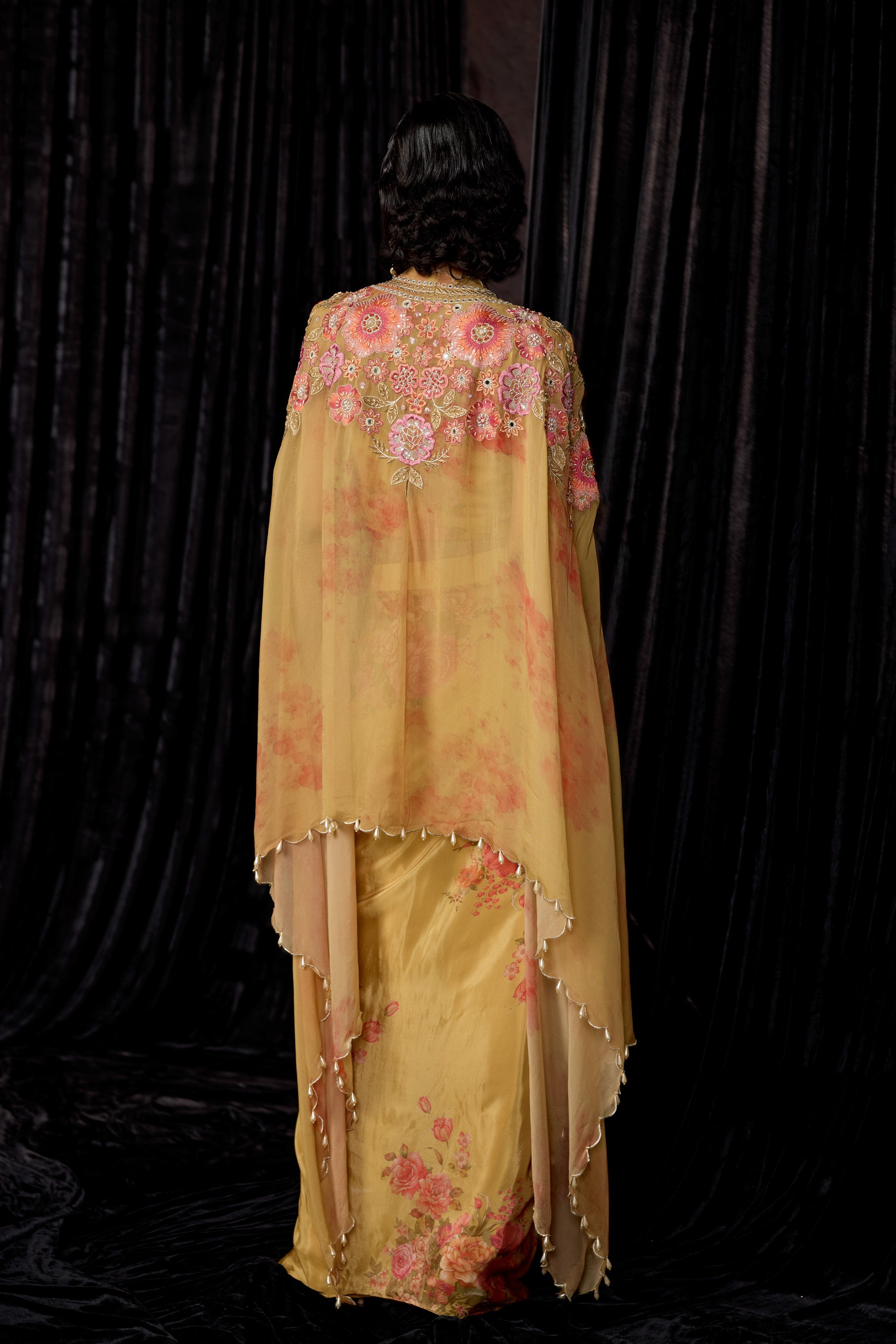 Golden Yellow Embellished Crepe Silk Drape Skirt Set