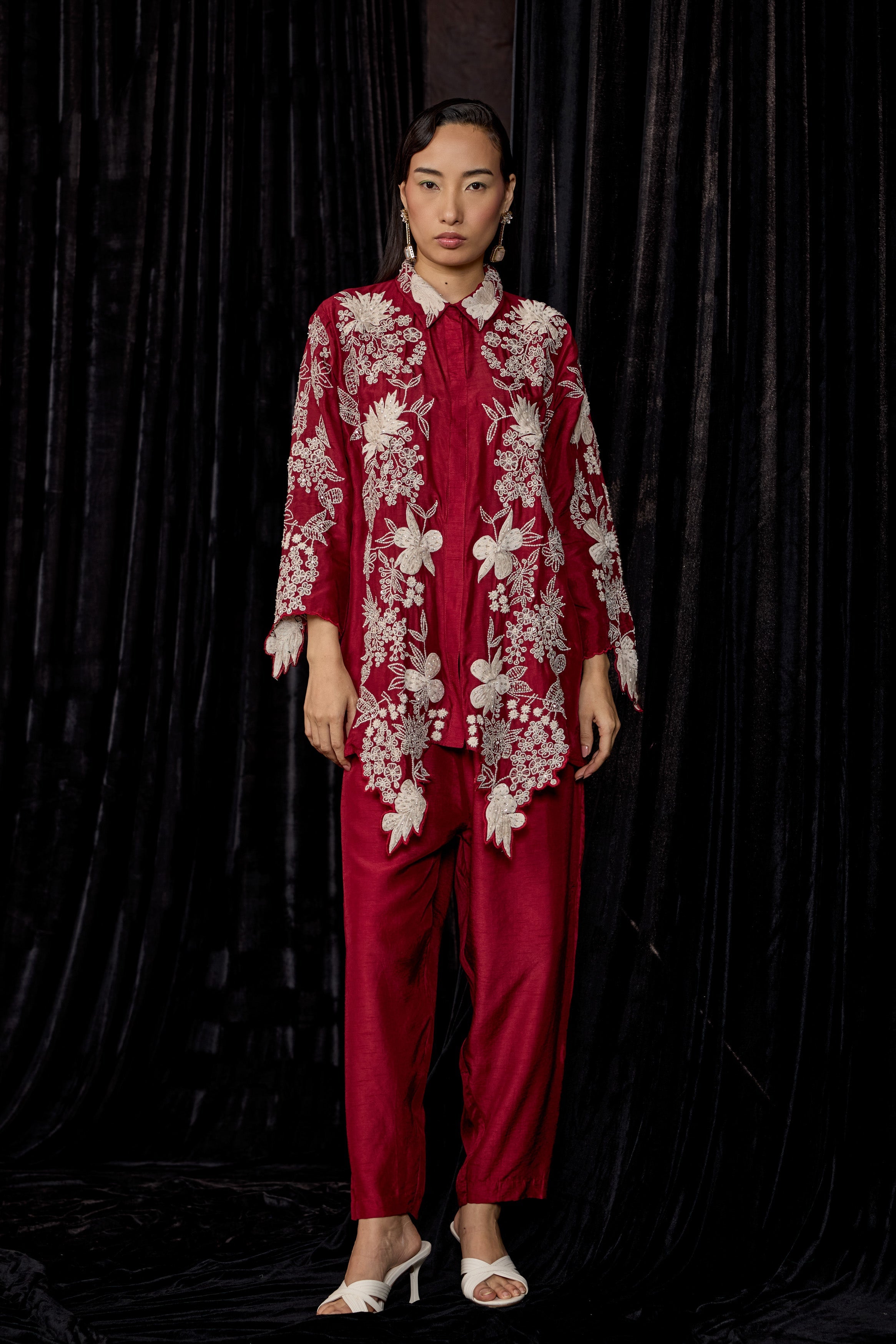 Maroon Embroidered Raw Silk Co-Ord Set