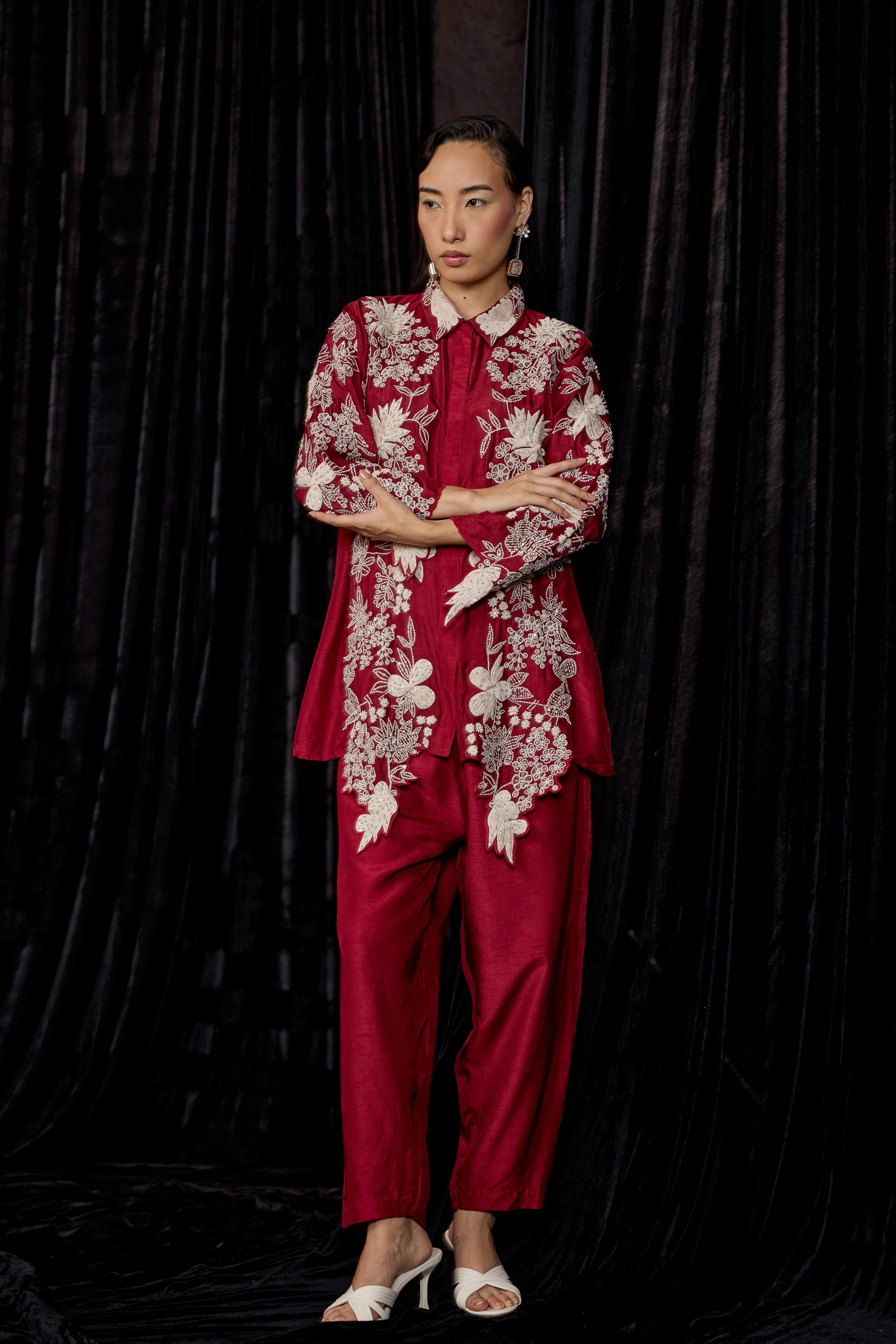Maroon Embroidered Raw Silk Co-Ord Set