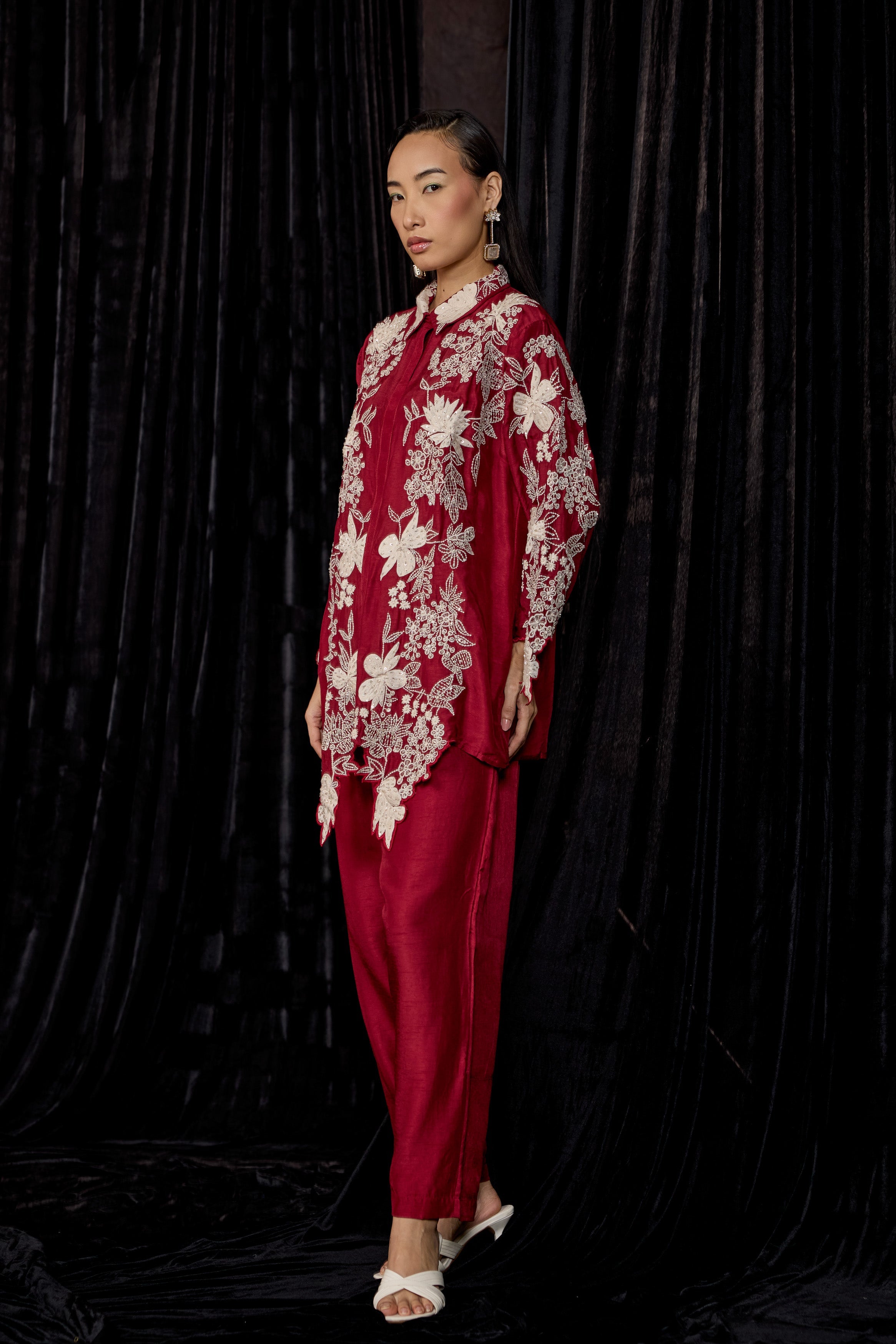 Maroon Embroidered Raw Silk Co-Ord Set
