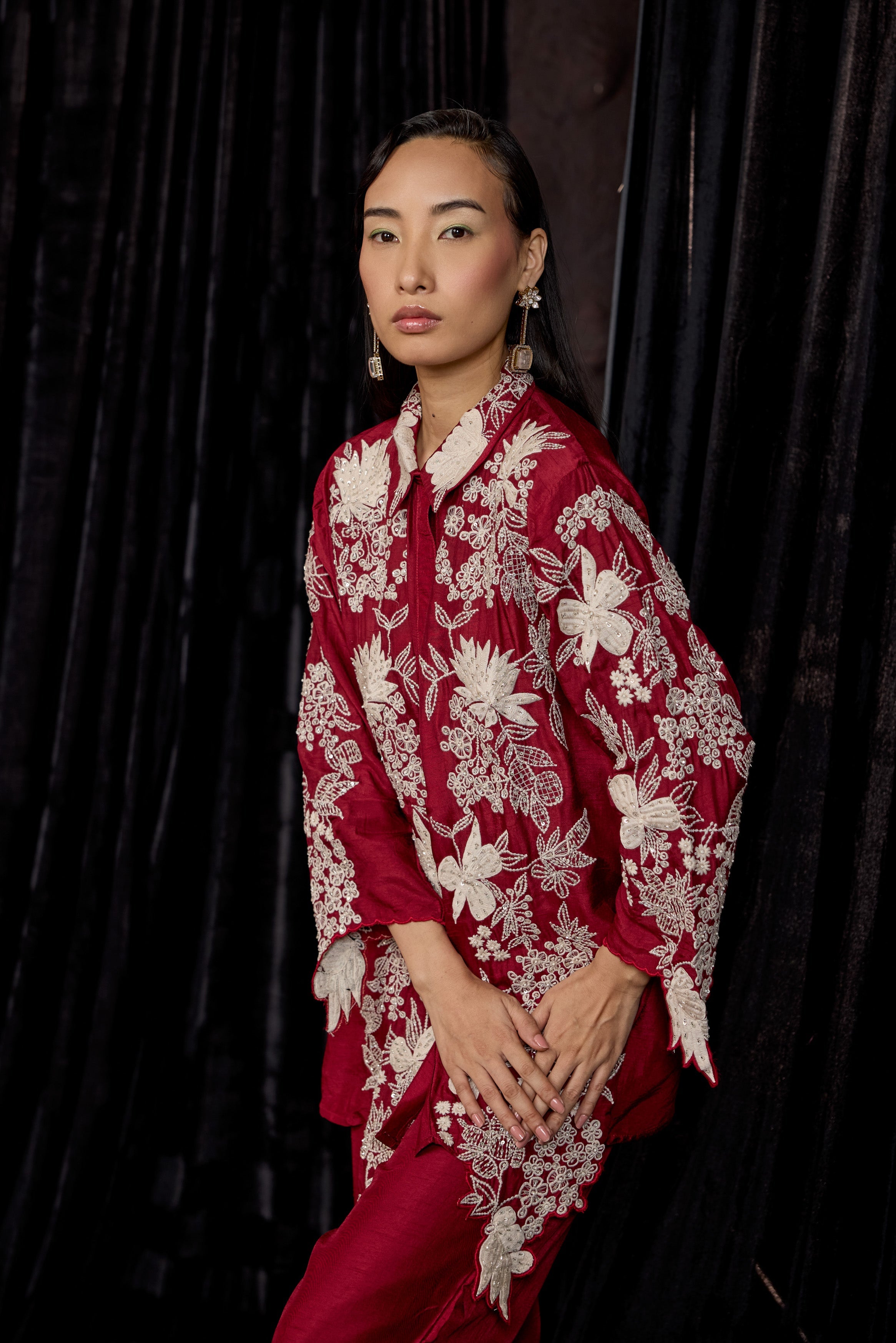 Maroon Embroidered Raw Silk Co-Ord Set